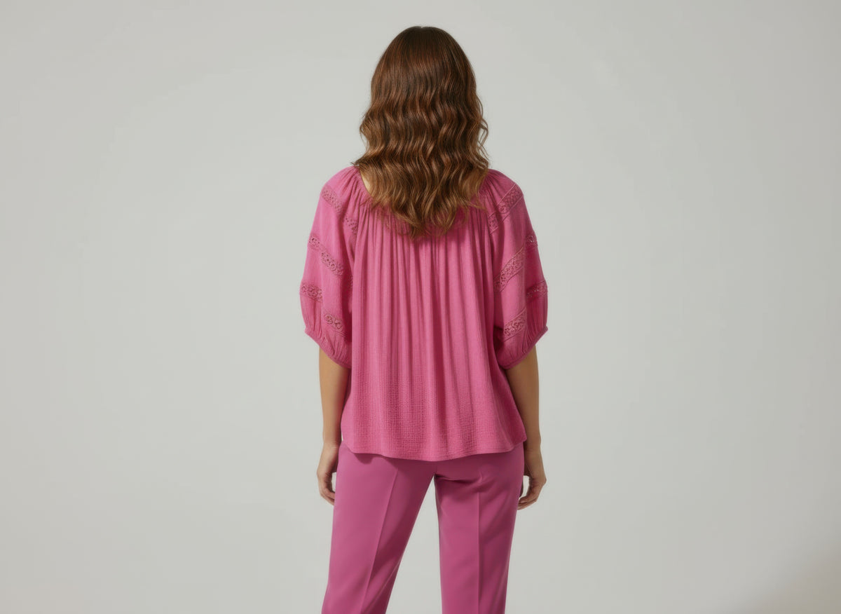 Unique Spectrum Solid Short Sleeve Blouse - Pink