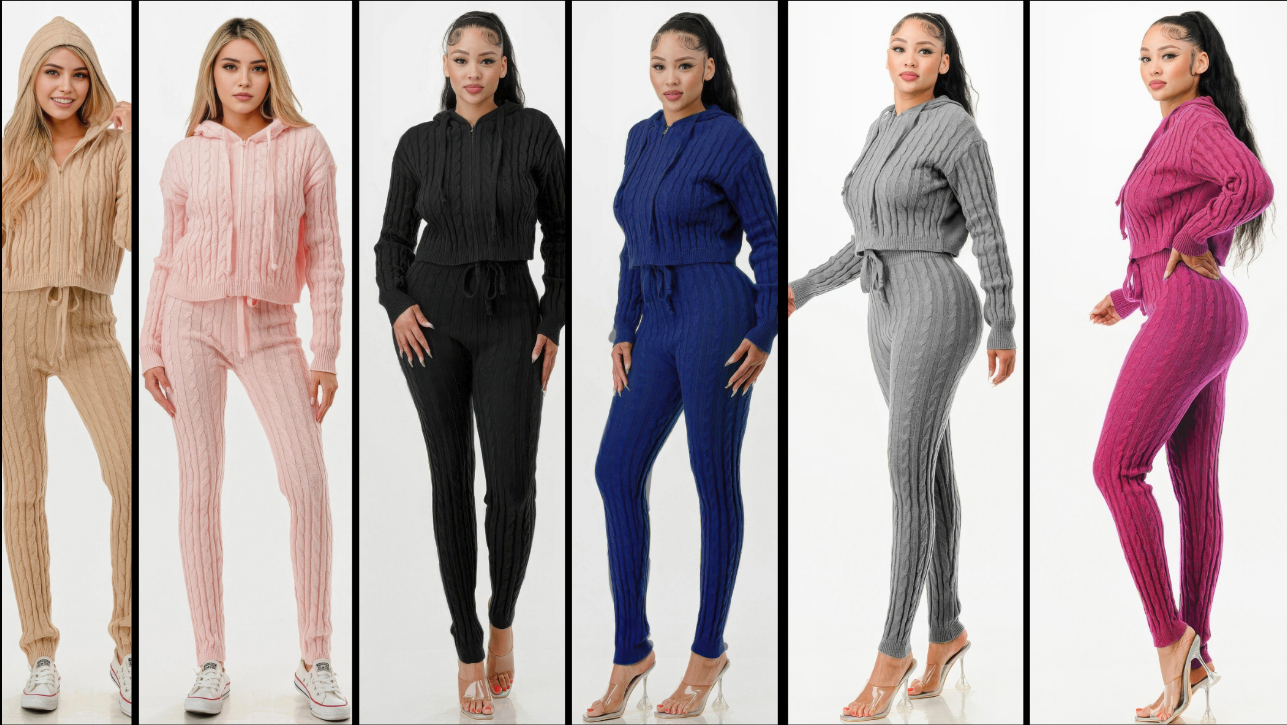 Six women modeling matching ribbed knit two-piece sets in different colors: beige, light pink, black, royal blue, heather gray, and magenta, shown against a plain white studio background.