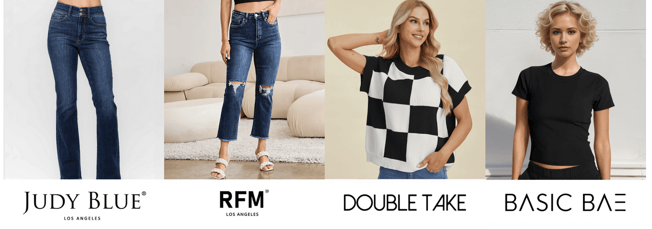 A four-panel promotional collage showing women modeling different apparel items. Panel 1 shows a model wearing dark blue jeans against a white studio background with the text 'JUDY BLUE LOS ANGELES' below.