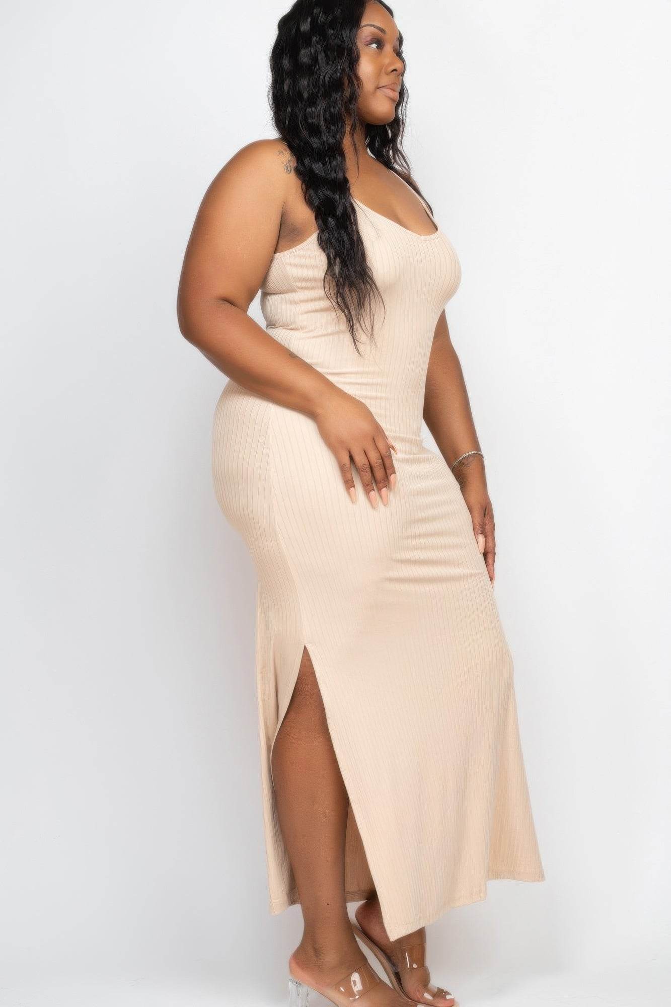 Plus Size Ribbed Side Slit Long Cami Maxi Dress - DaTrendStore.Com