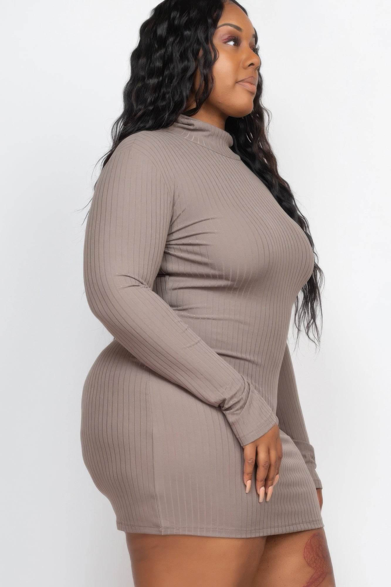 Plus Size Ribbed Long Sleeve Mock Neck Mini Bodycon Dress - DaTrendStore.Com