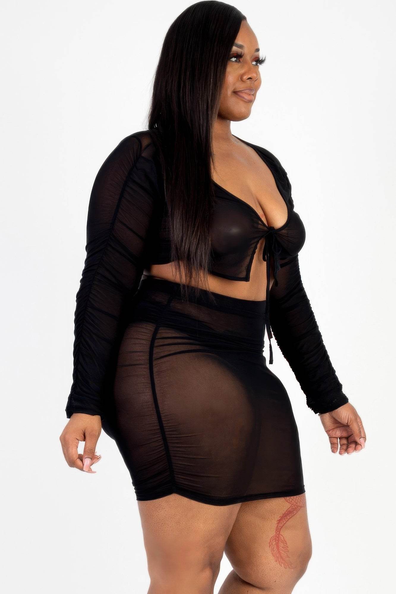 Plus Size Sheer Mesh Tie Front Crop Top & Ruched Side Mini Dress - DaTrendStore.Com