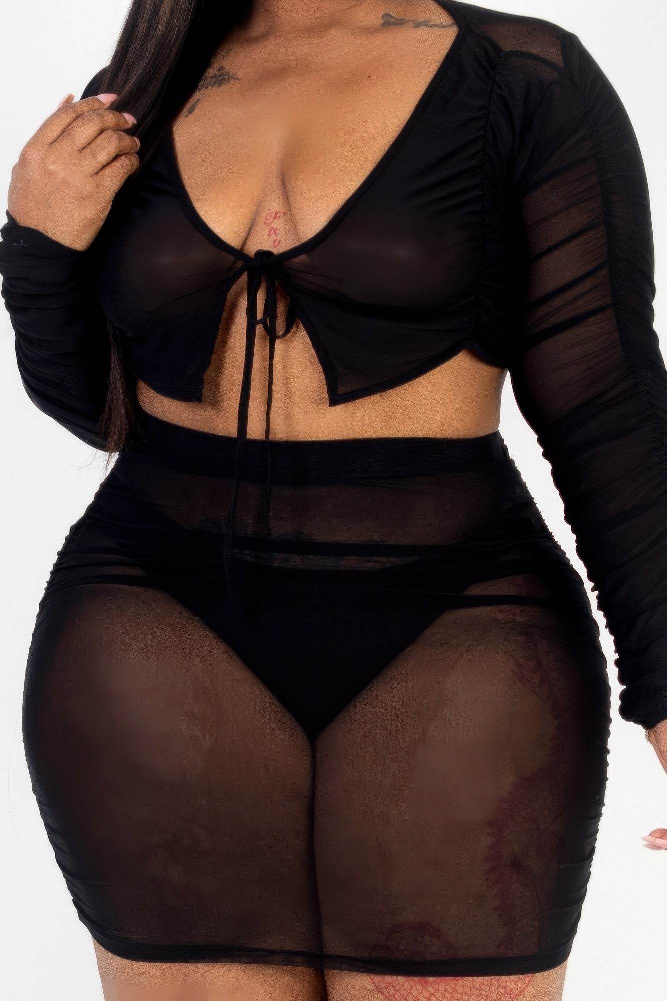 Plus Size Sheer Mesh Tie Front Crop Top & Ruched Side Mini Dress - DaTrendStore.Com