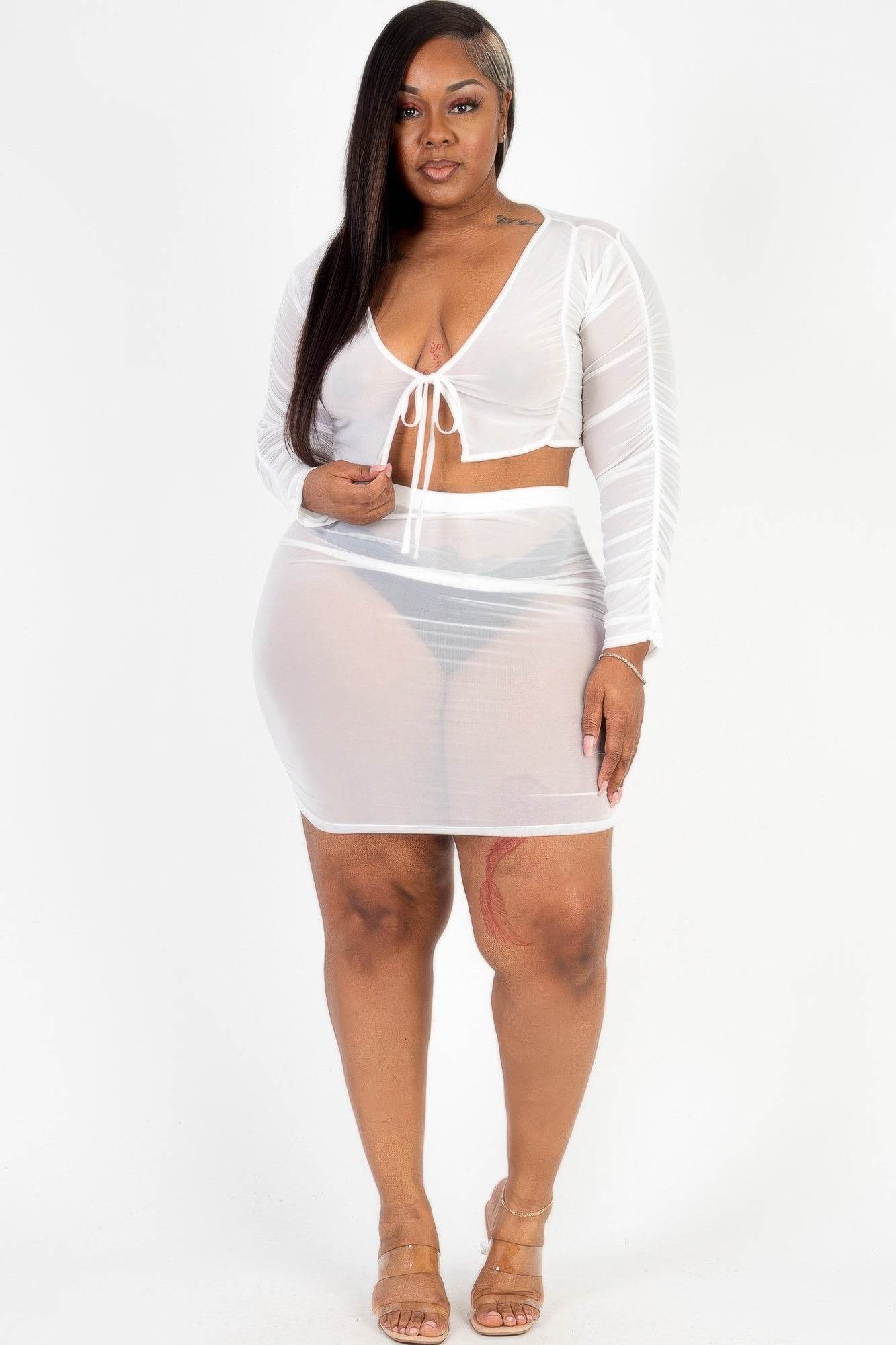 Plus Size Sheer Mesh Tie Front Crop Top & Ruched Side Mini Dress - DaTrendStore.Com