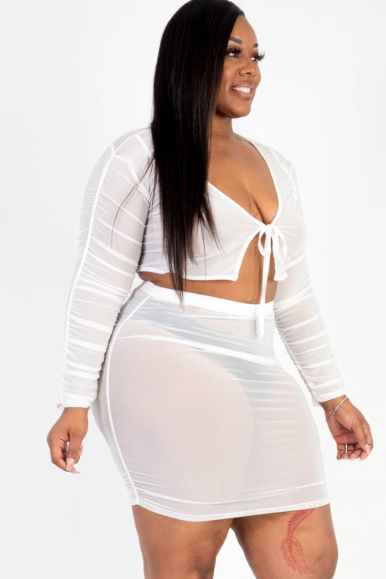 Plus Size Sheer Mesh Tie Front Crop Top & Ruched Side Mini Dress - DaTrendStore.Com