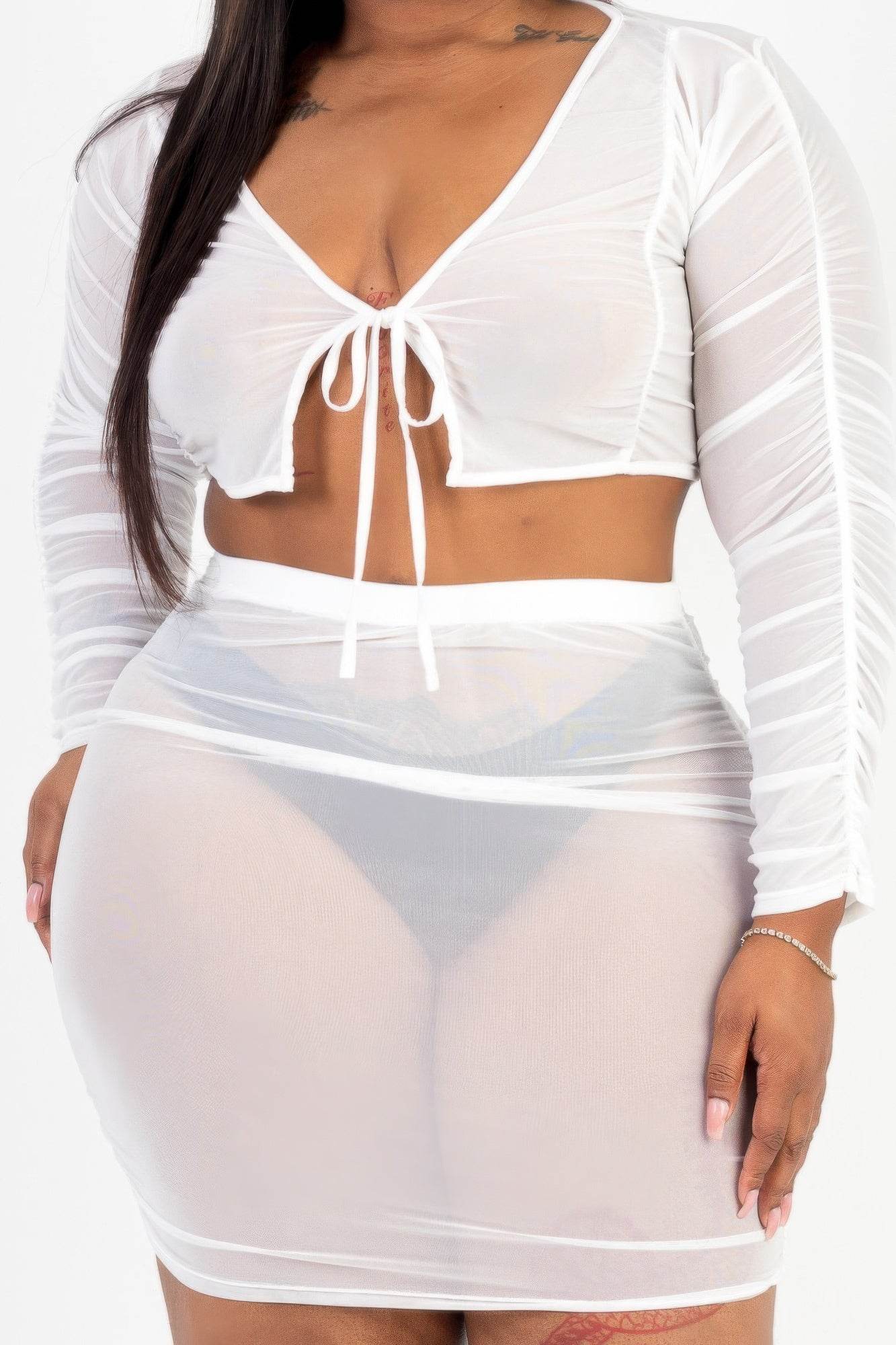 Plus Size Sheer Mesh Tie Front Crop Top & Ruched Side Mini Dress - DaTrendStore.Com