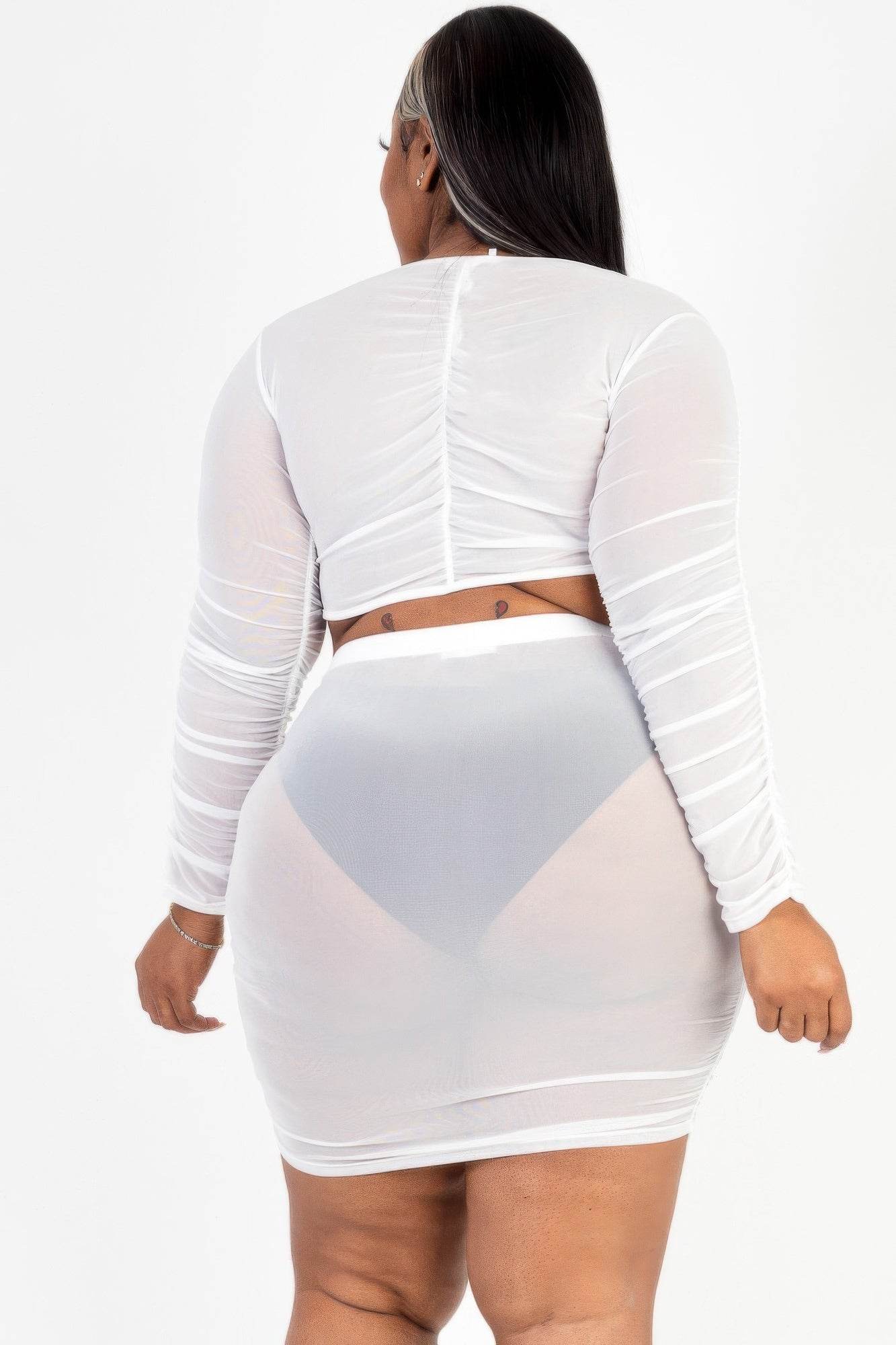 Plus Size Sheer Mesh Tie Front Crop Top & Ruched Side Mini Dress - DaTrendStore.Com
