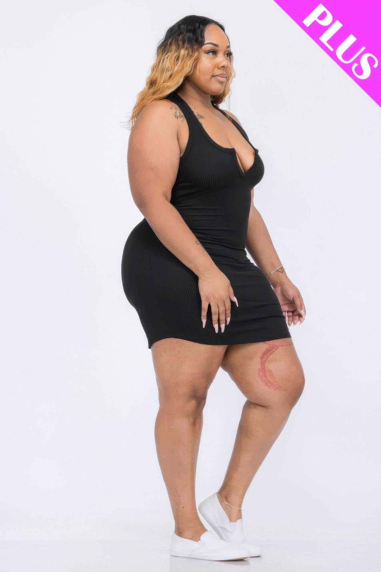 Plus Size Ribbed Split Neck Tank Mini Dress - DaTrendStore.Com