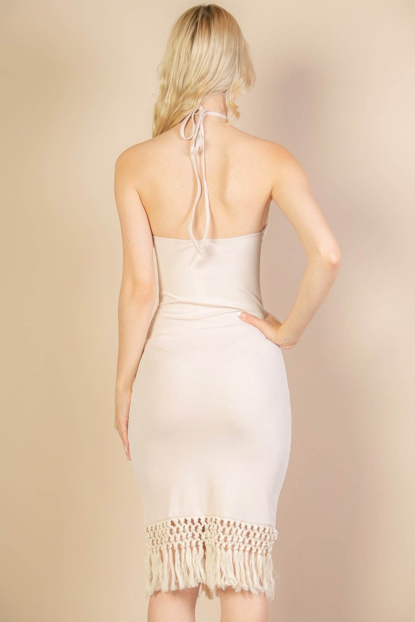 Ribbed Halter Neck Fringe Midi Dress - DaTrendStore.Com