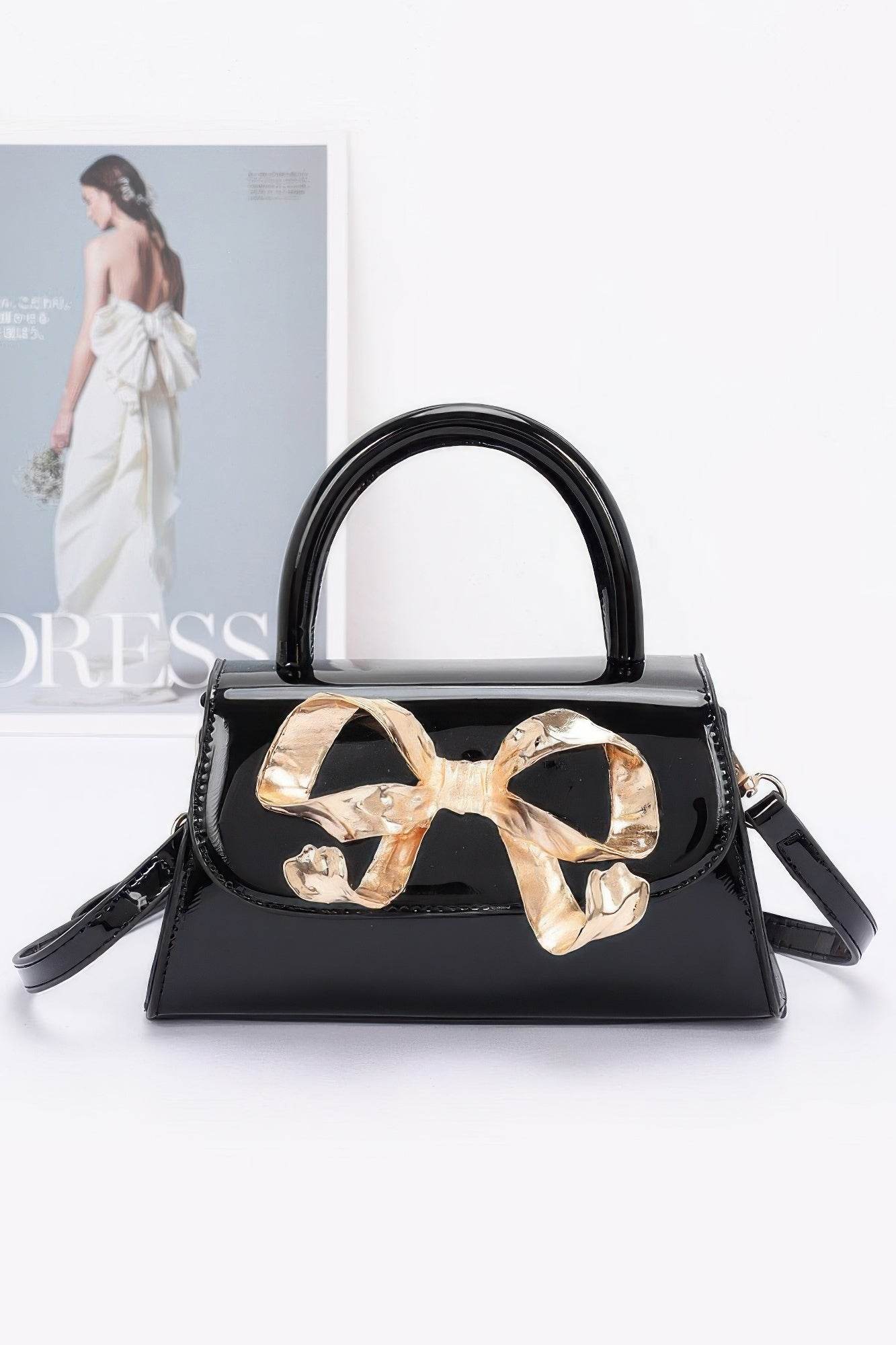Faux Leather Metal Ribbon Top Handle Bag - DaTrendStore.Com