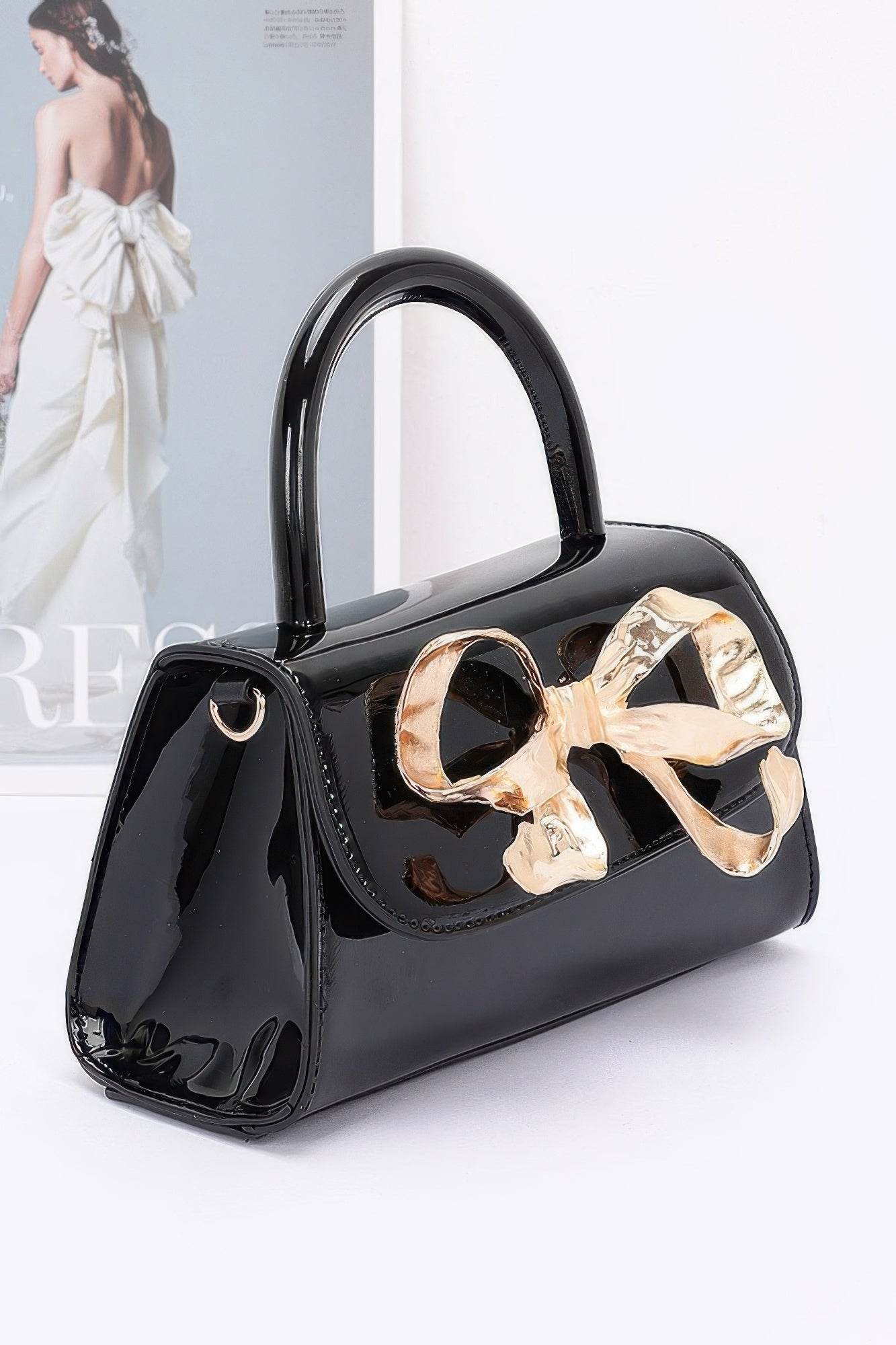 Faux Leather Metal Ribbon Top Handle Bag - DaTrendStore.Com