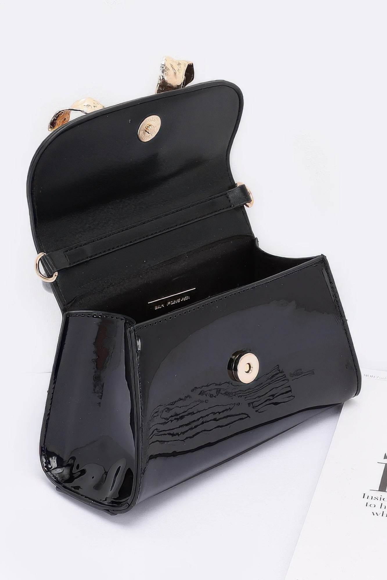 Faux Leather Metal Ribbon Top Handle Bag - DaTrendStore.Com