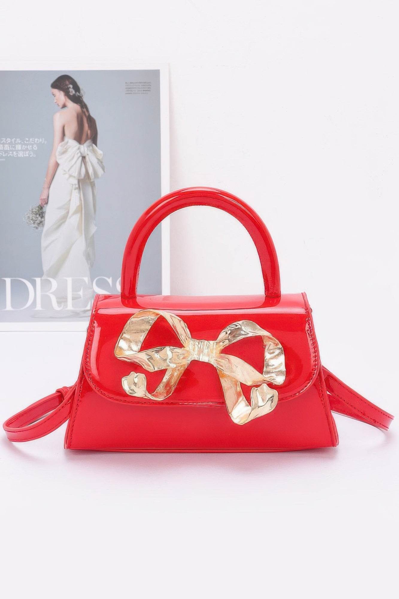 Faux Leather Metal Ribbon Top Handle Bag - DaTrendStore.Com