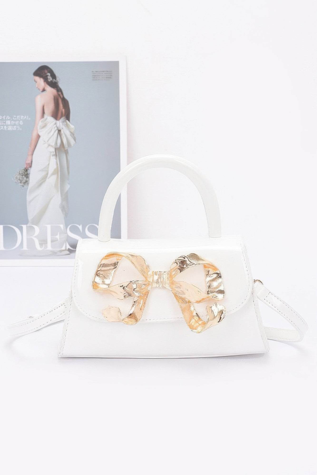 Faux Leather Metal Ribbon Top Handle Bag - DaTrendStore.Com