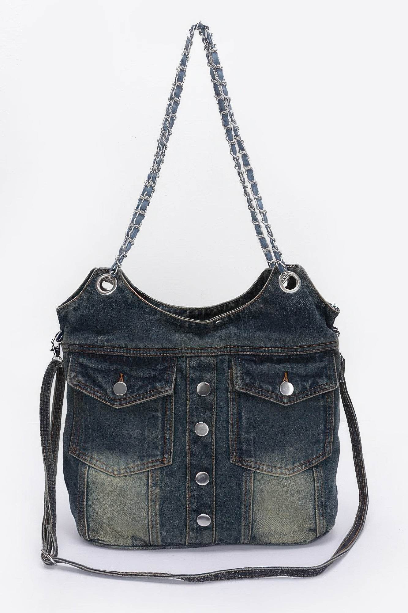 Washed Denim Double Pockets Tote Bag - DaTrendStore.Com