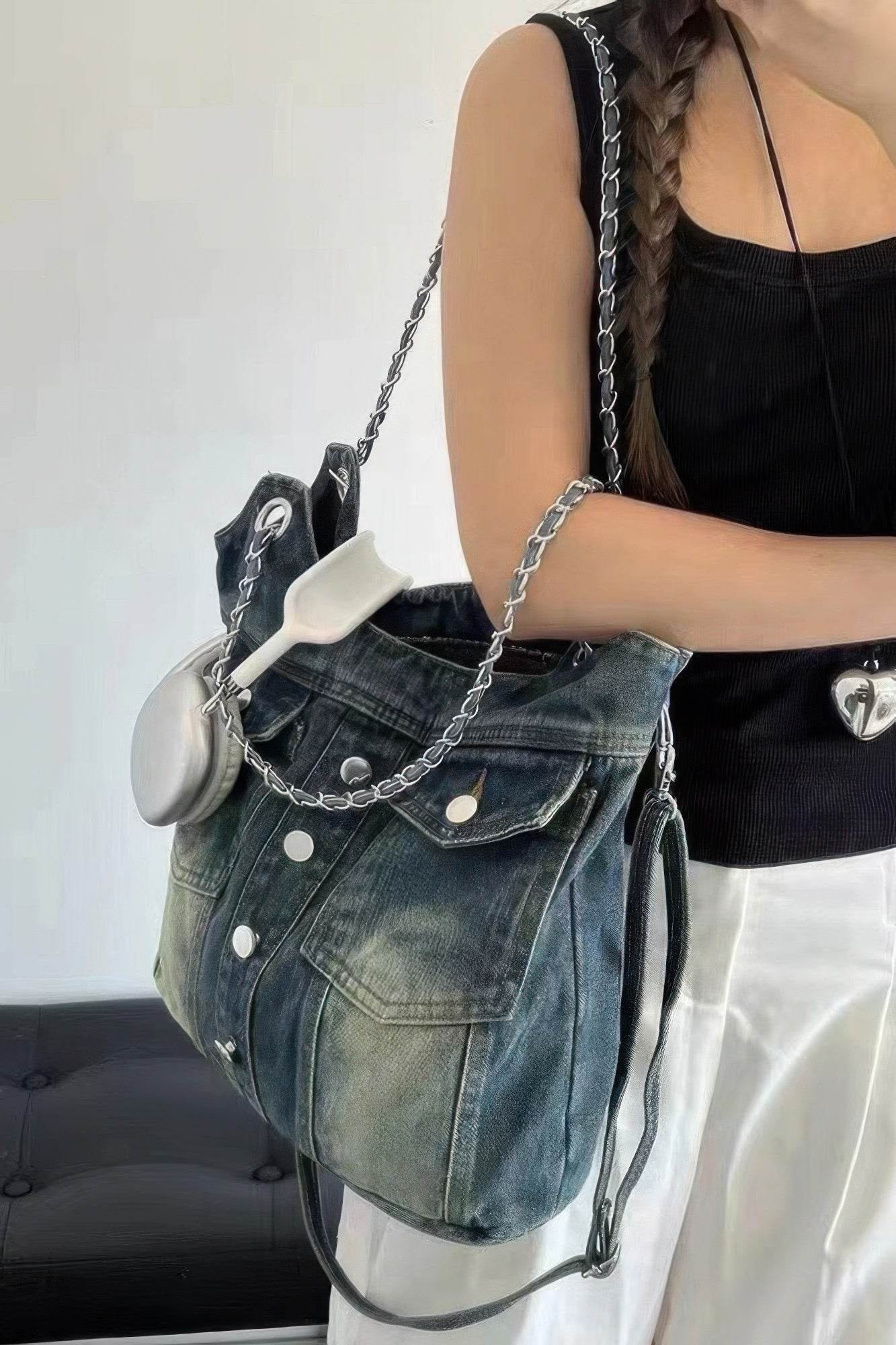 Washed Denim Double Pockets Tote Bag - DaTrendStore.Com