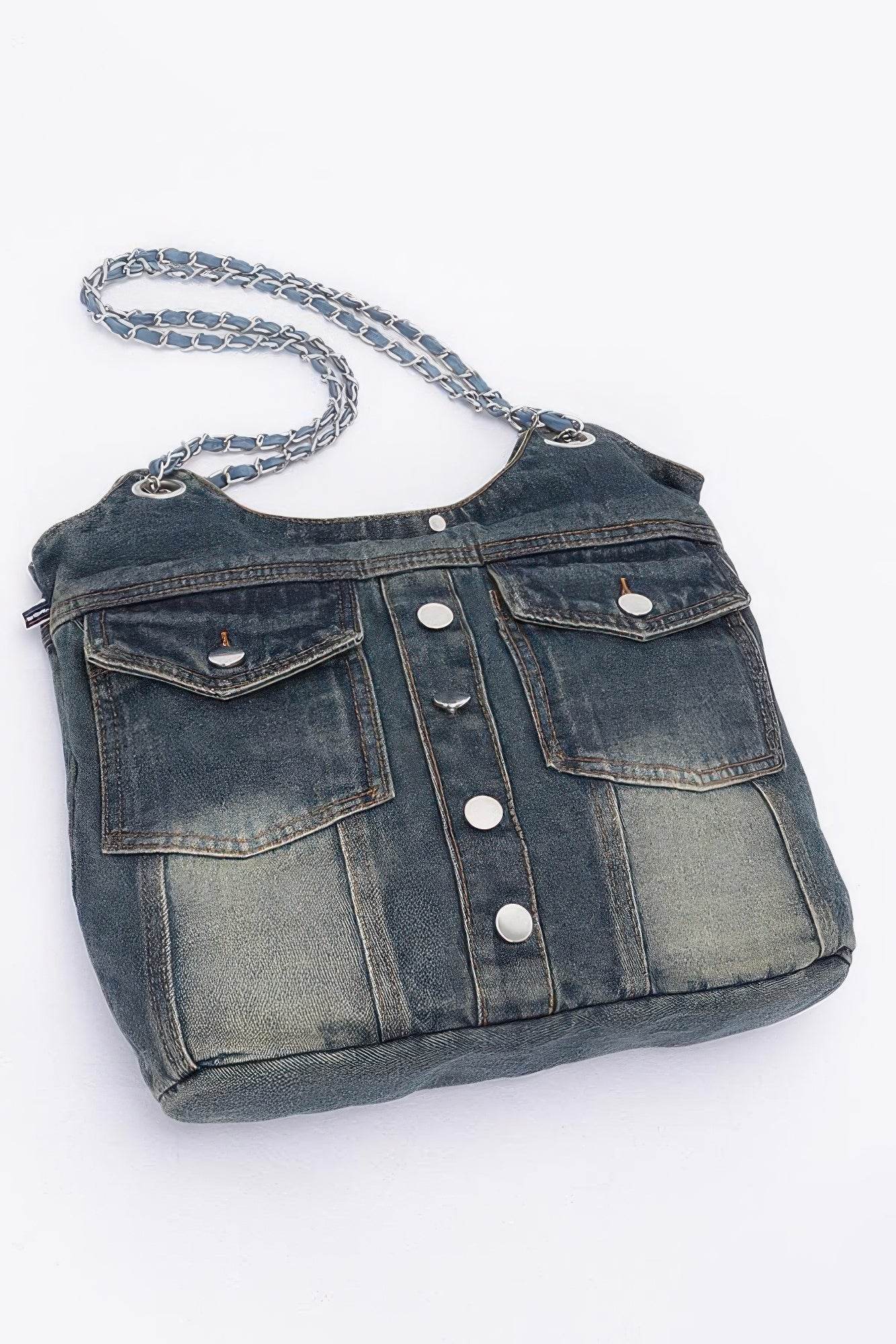 Washed Denim Double Pockets Tote Bag - DaTrendStore.Com
