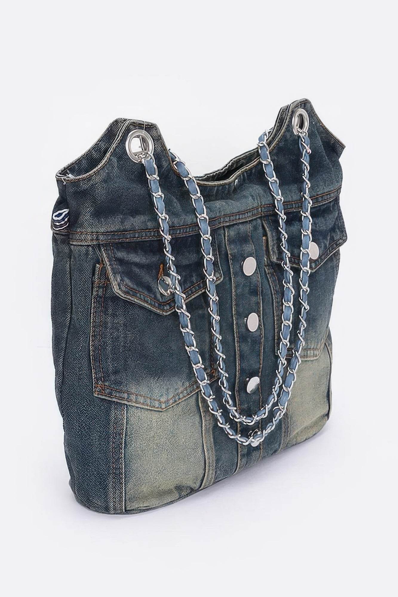 Washed Denim Double Pockets Tote Bag - DaTrendStore.Com