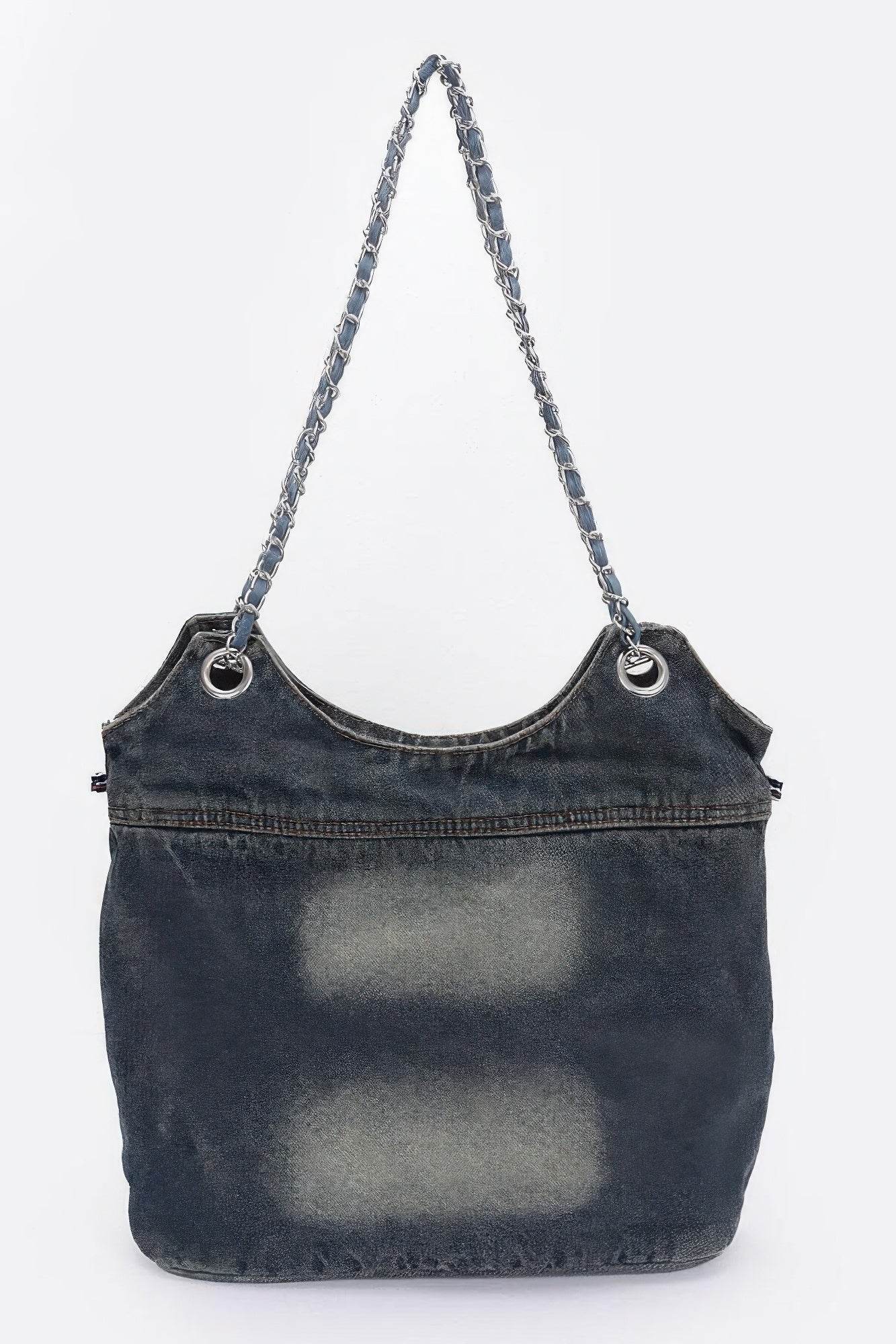 Washed Denim Double Pockets Tote Bag - DaTrendStore.Com