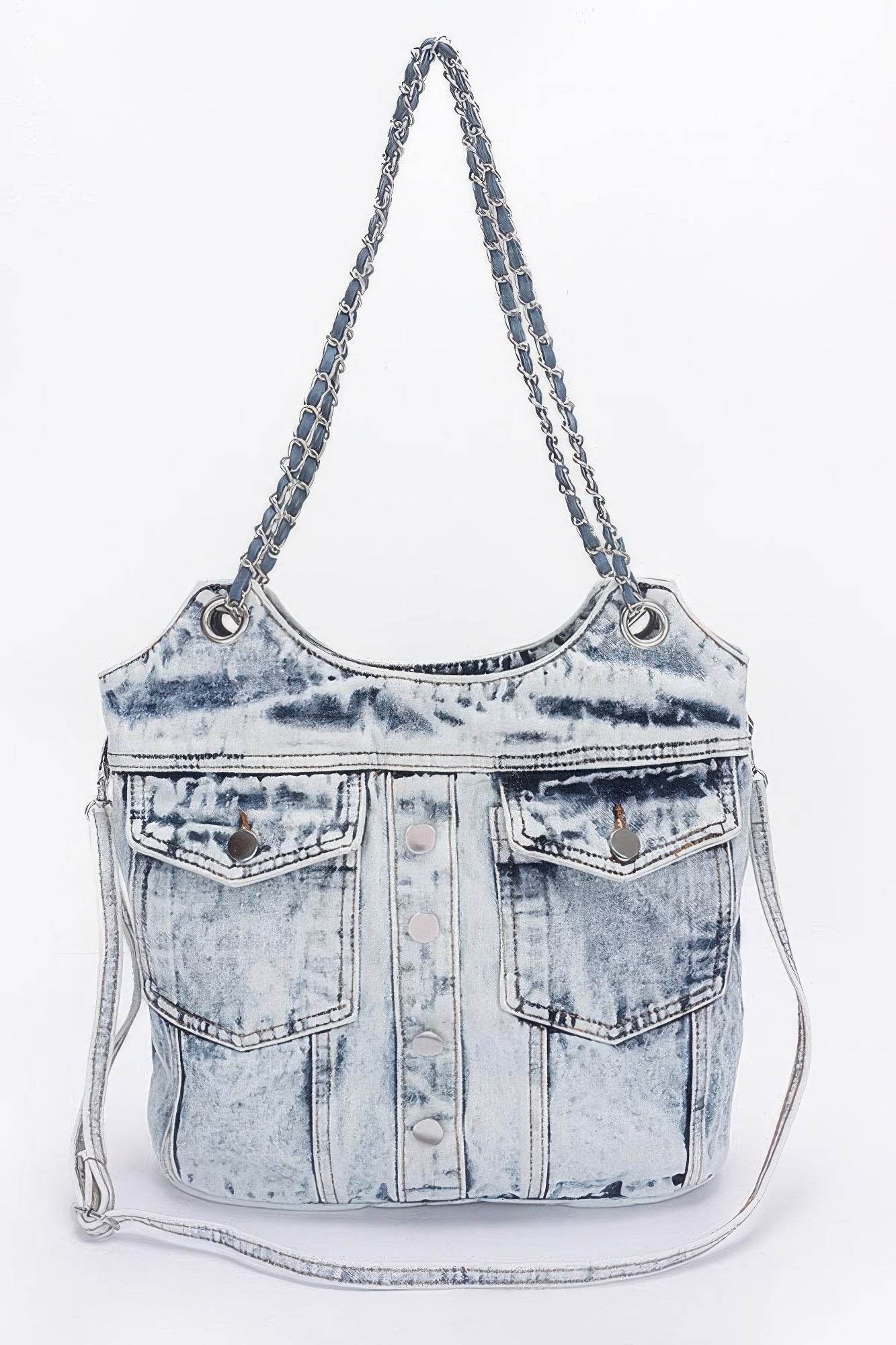 Washed Denim Double Pockets Tote Bag - DaTrendStore.Com