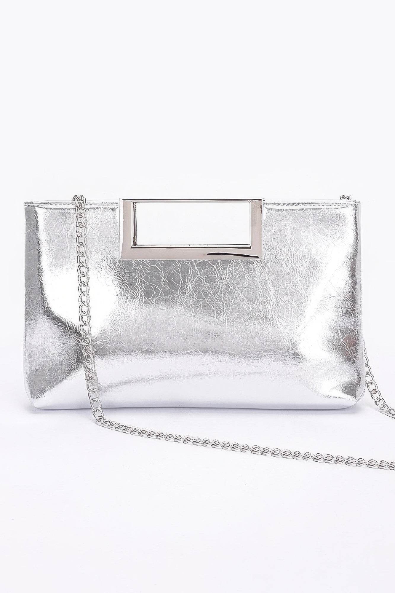 Metallic Leather Metal Handle Clutch - DaTrendStore.Com