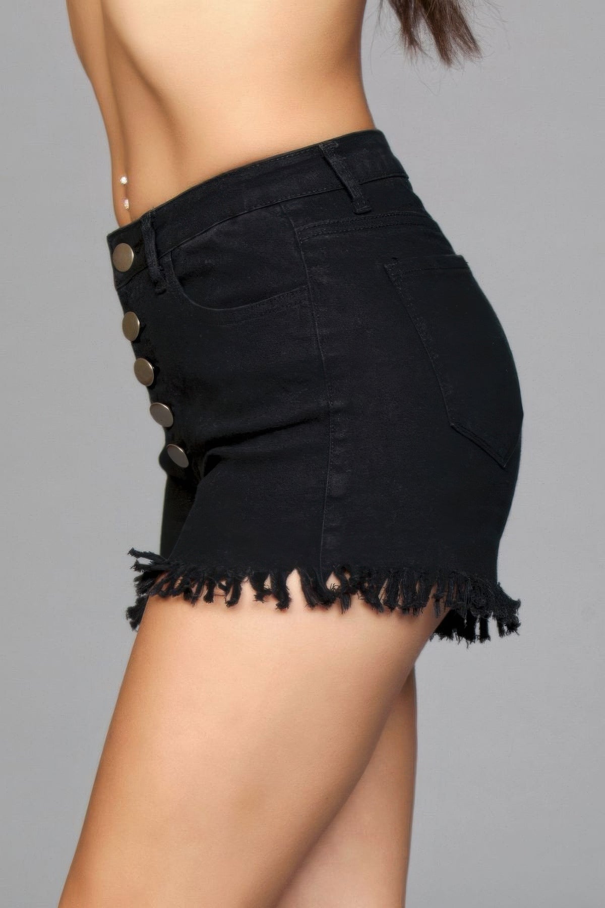 Black Fringed Button Up Shorts