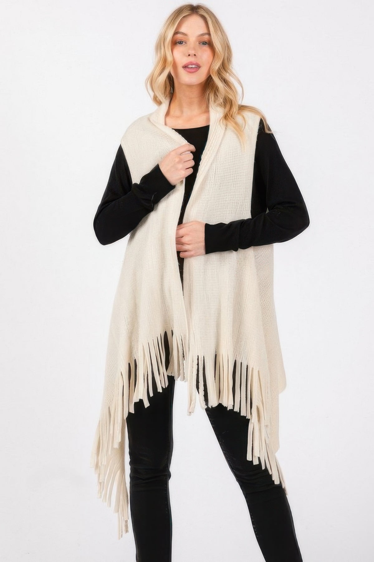 Embossed Dotted Line Tassel Knit Vest