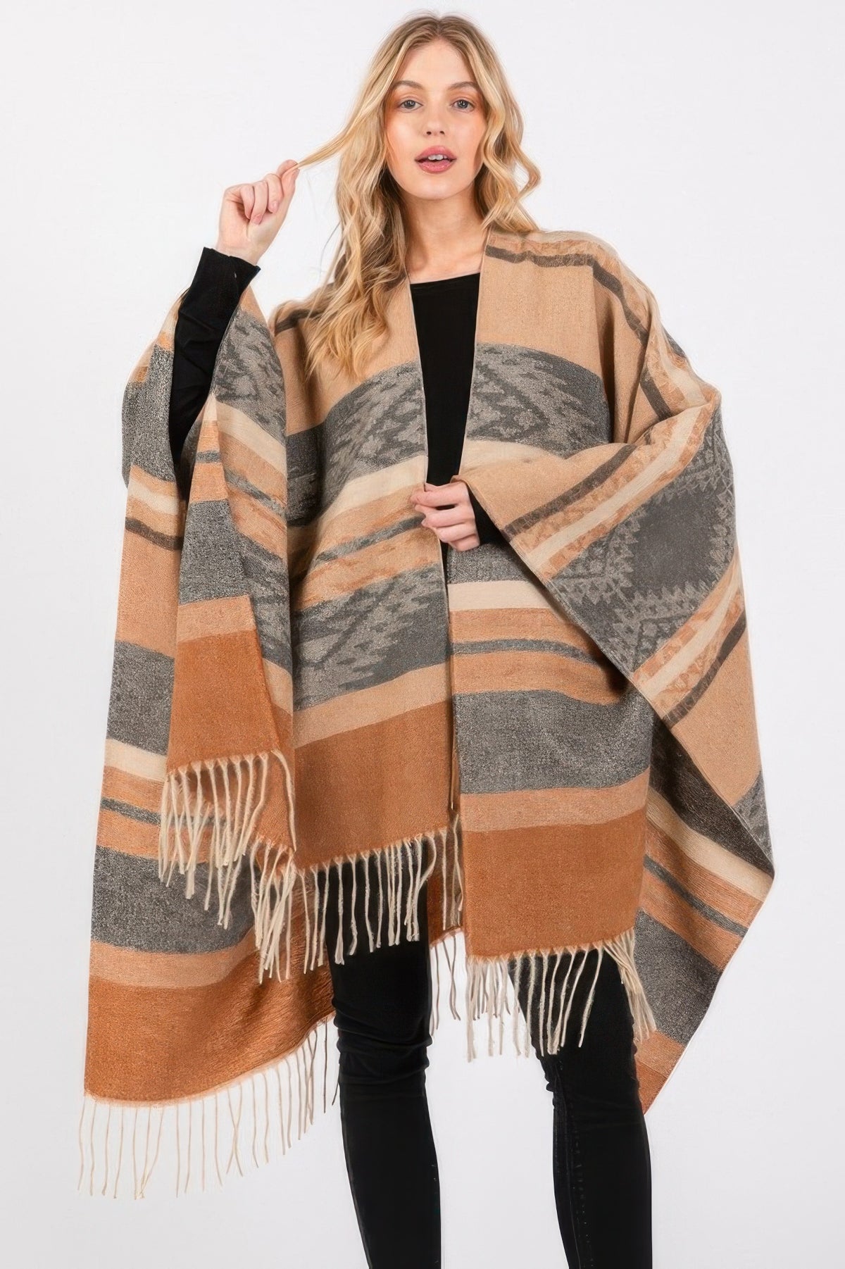 Aztec Pattern Fringe Ruana - Taupe