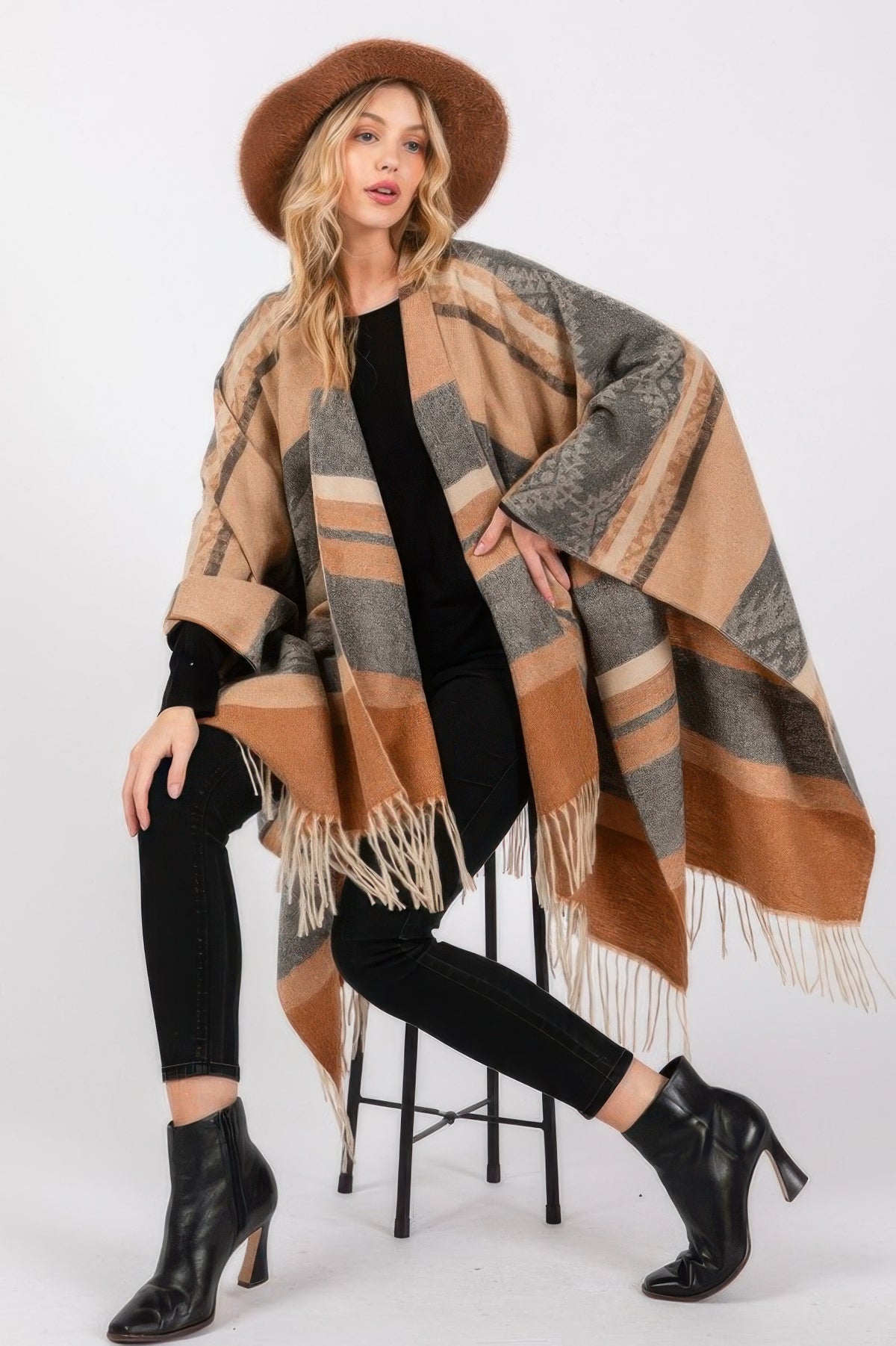 Aztec Pattern Fringe Ruana - Taupe