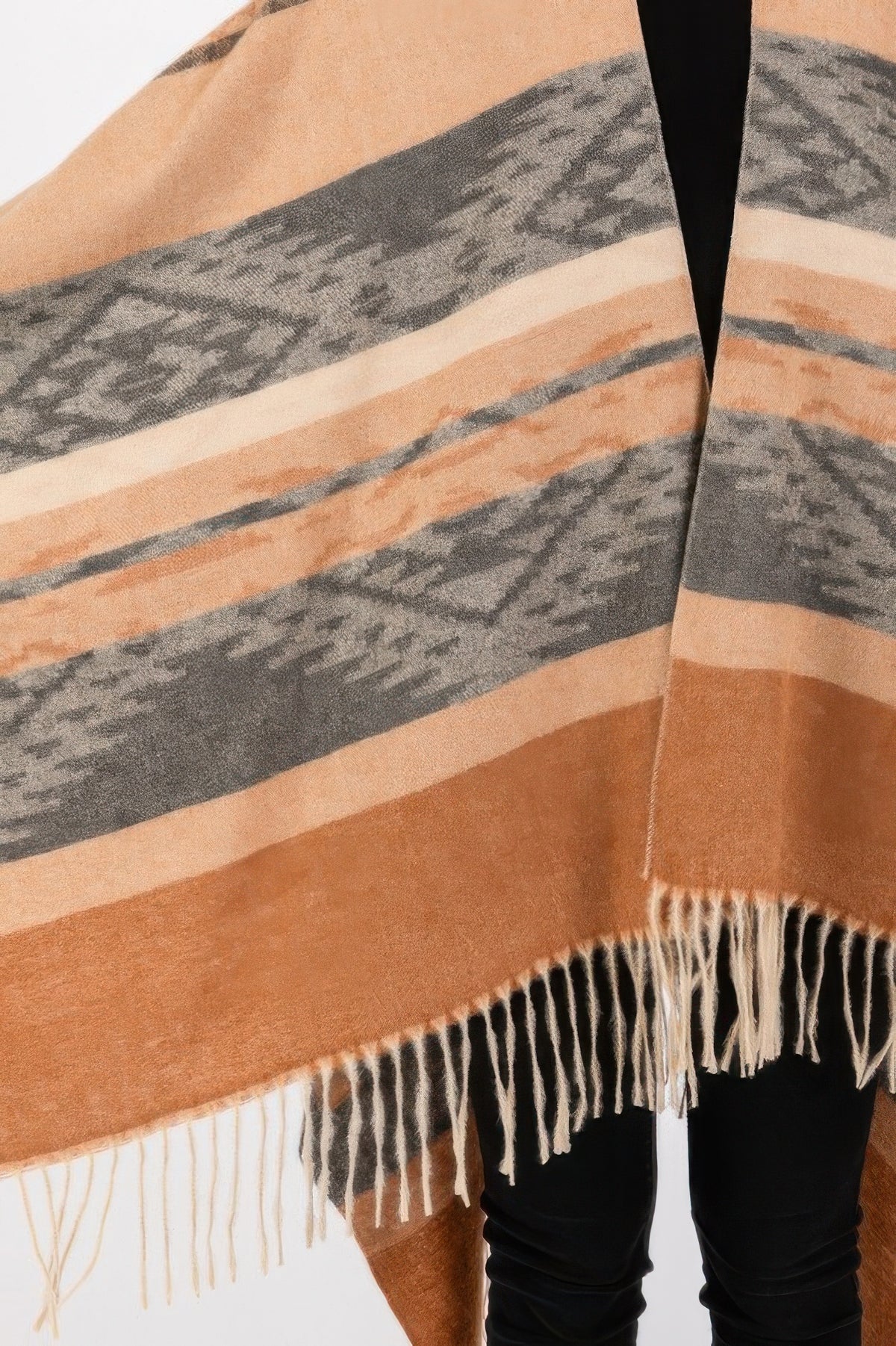 Aztec Pattern Fringe Ruana - Taupe
