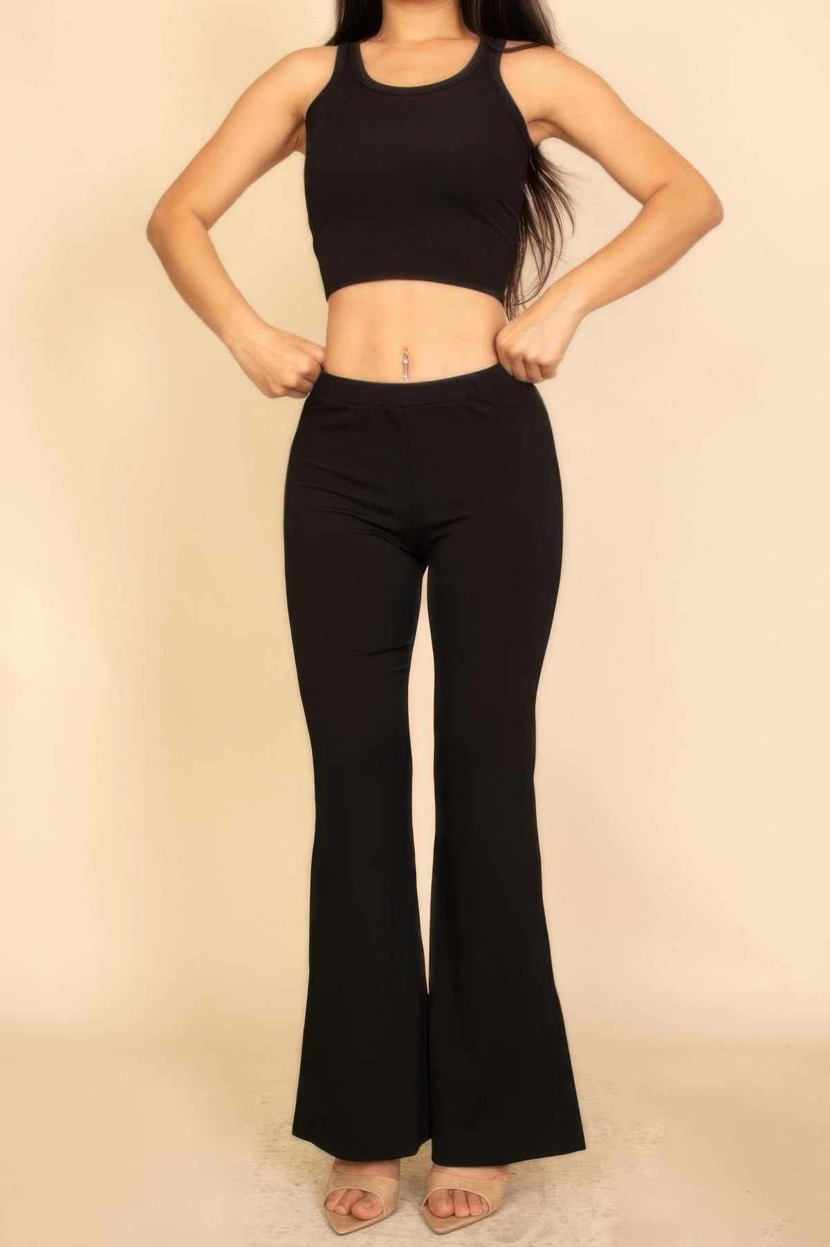 Ribbed Sleeveless Crop Top & Flared Pants Set