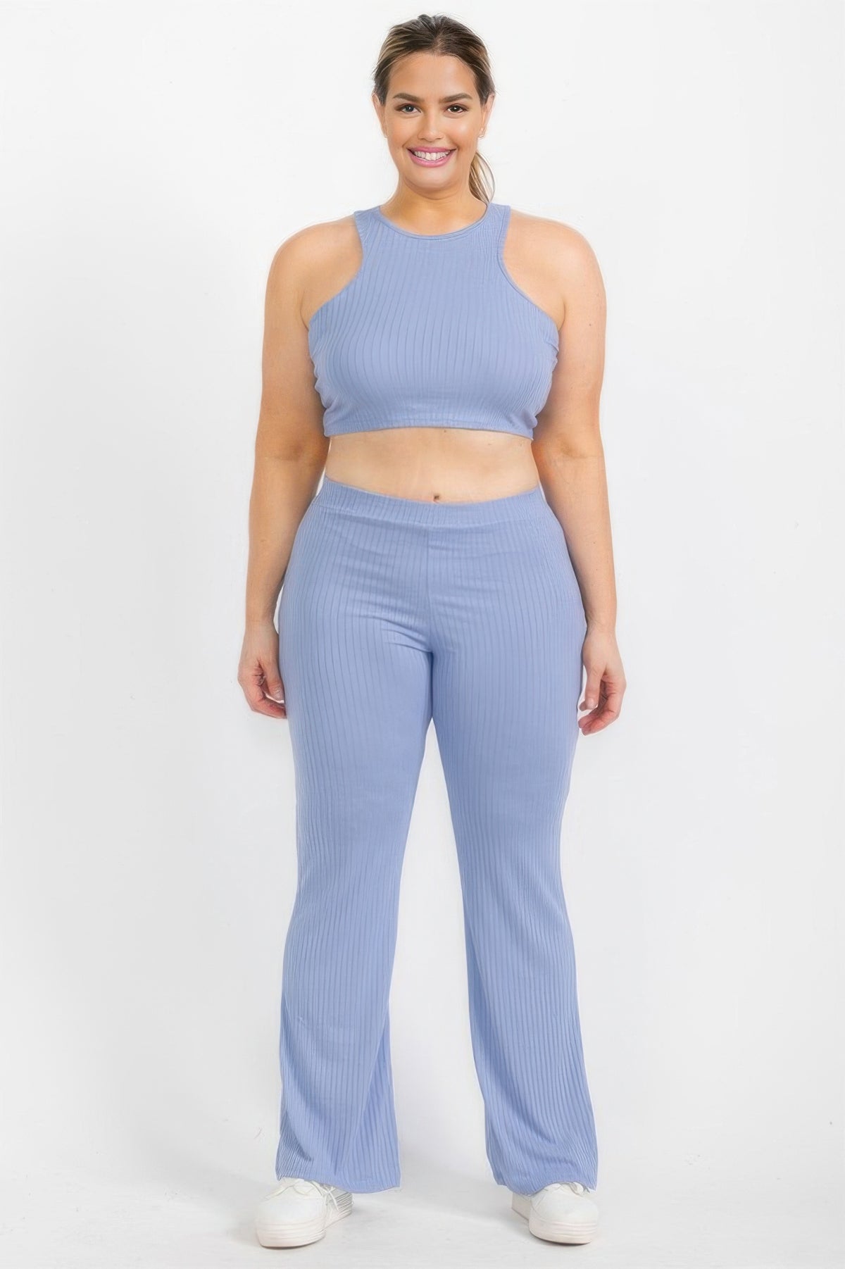 Plus Ribbed Cropped Top And Bootcut Pants Sets