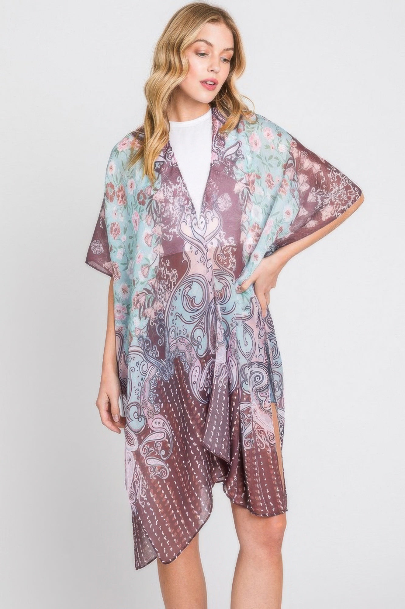 Brown Paisley & Floral Print Kimono
