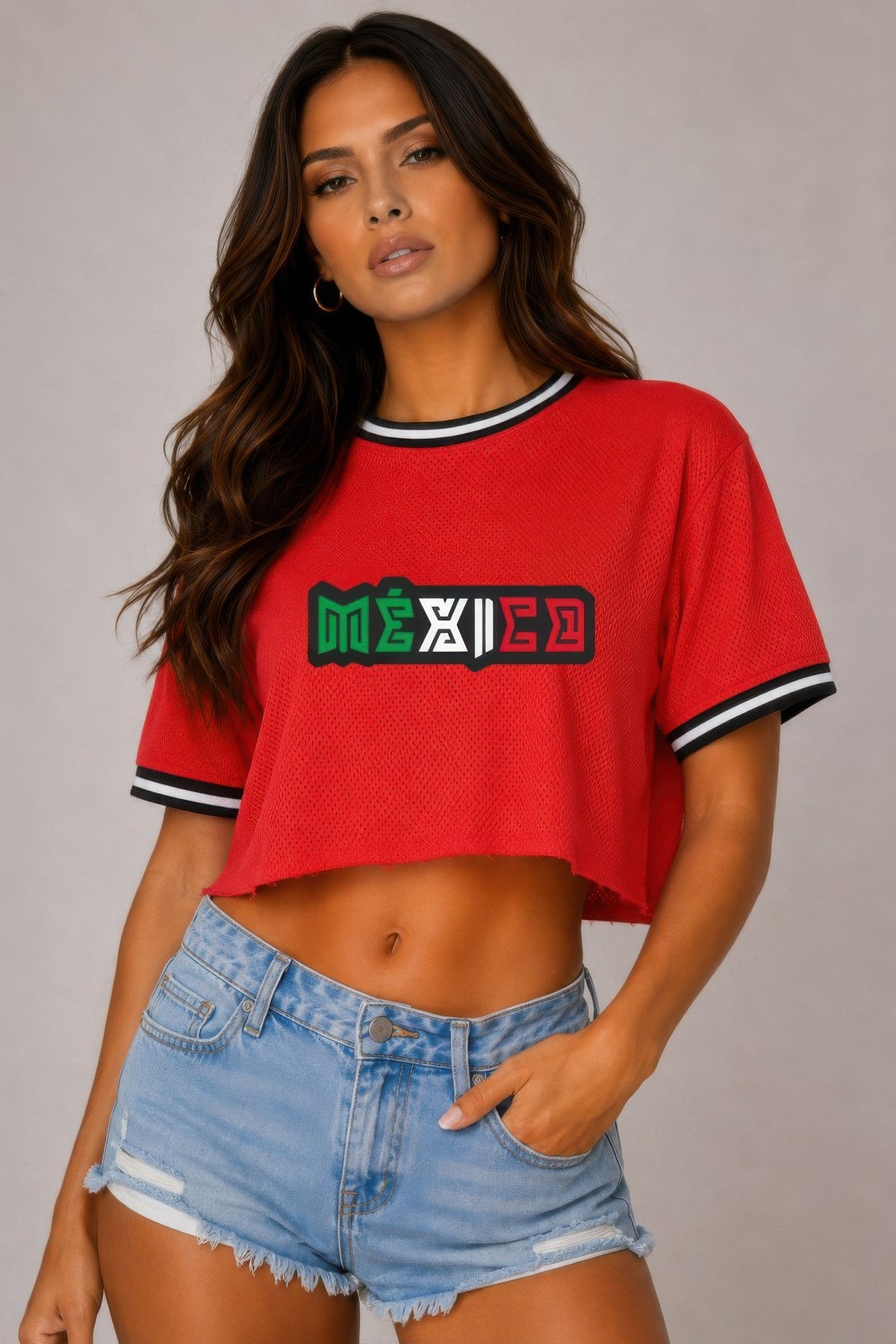 Micro Mesh Mexico Print Crop Top - Style 1