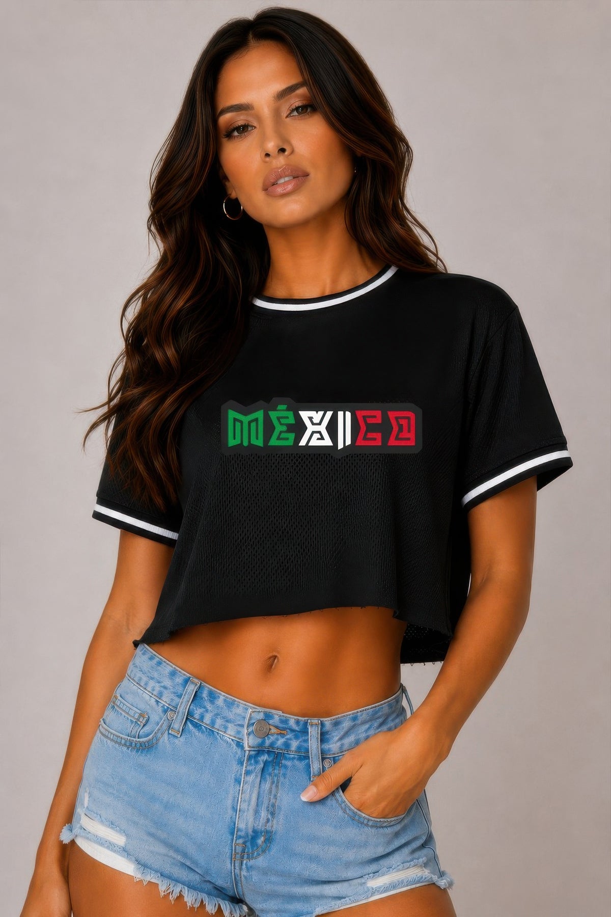 Micro Mesh Mexico Print Crop Top - Style 2