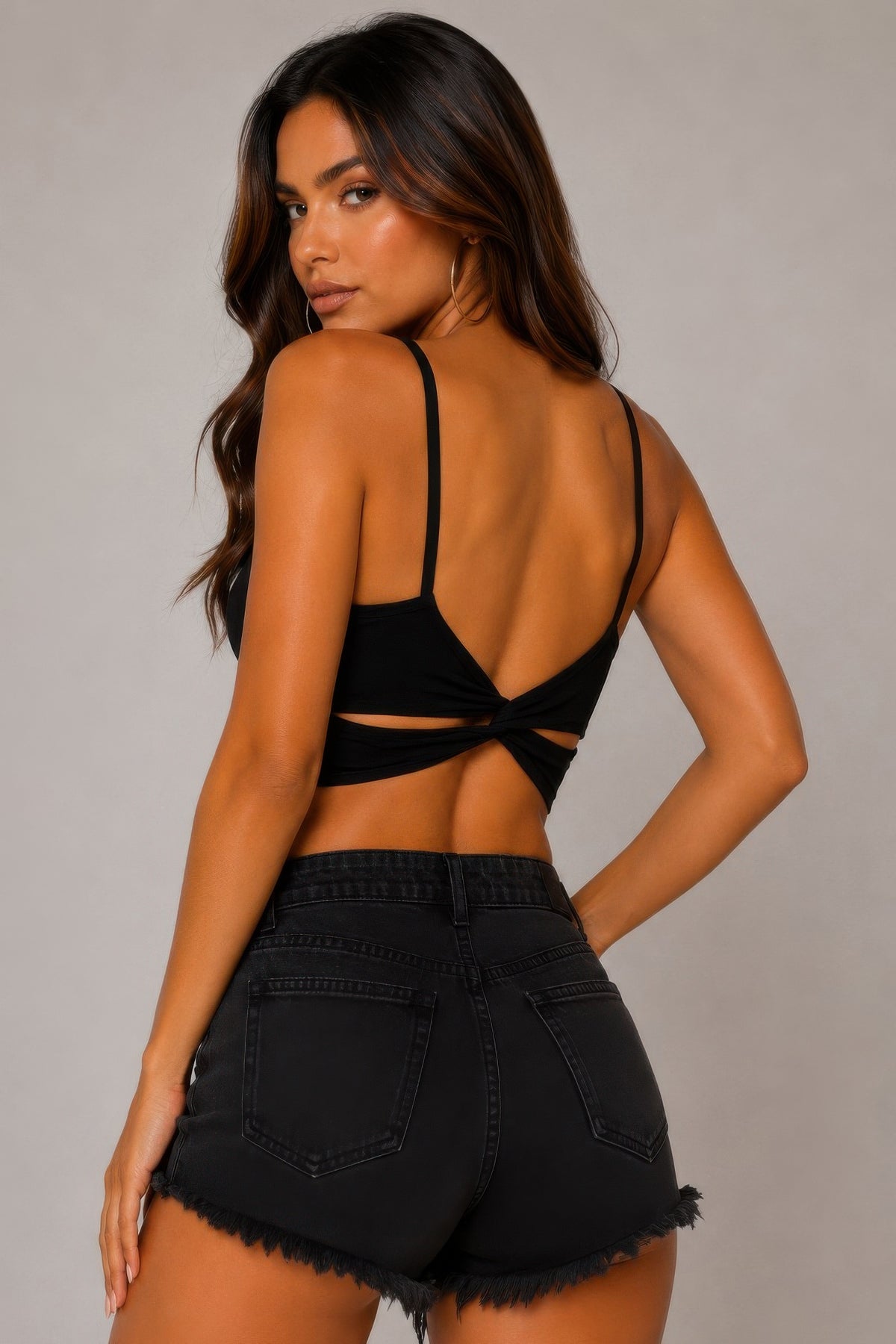 Mexico Round Neck W/Removable Bra Cup Twisted Back Detail - Black