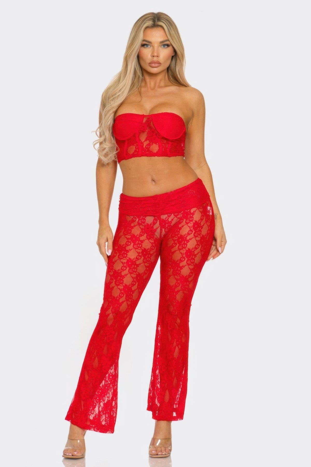 Lace Corset Crop Top And Flare Pants in Red