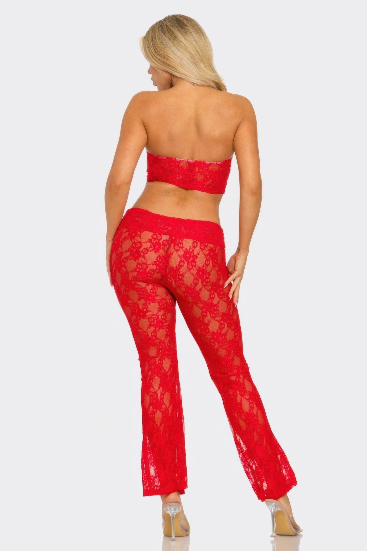Lace Corset Crop Top And Flare Pants in Red