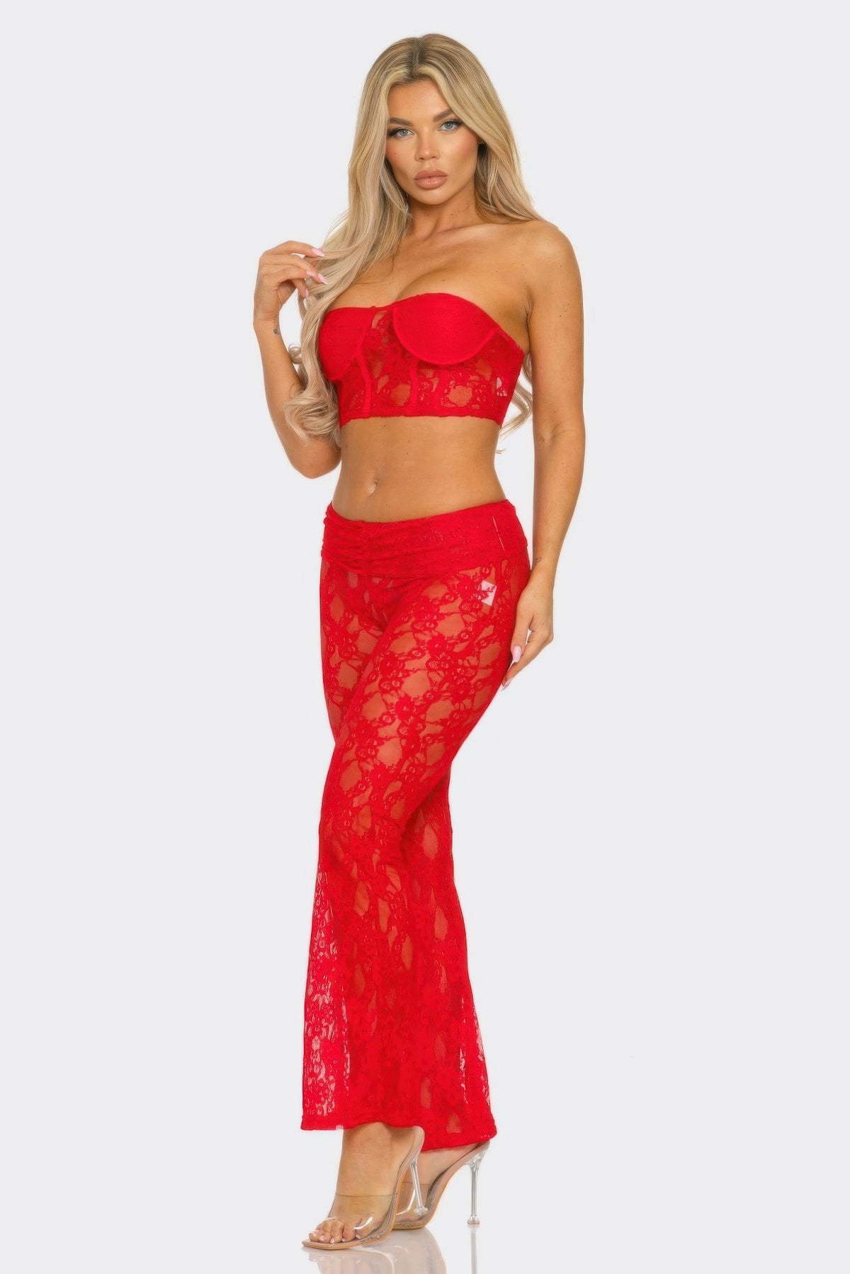 Lace Corset Crop Top And Flare Pants in Red