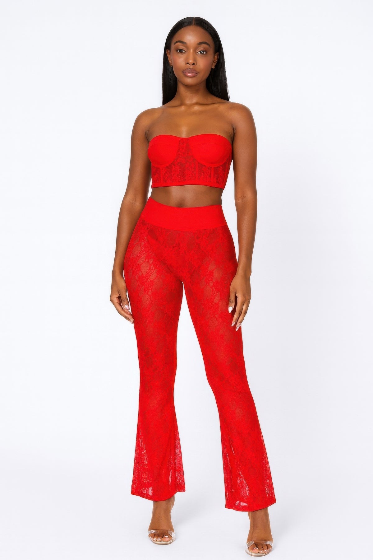Lace Corset Crop Top And Flare Pants in Red
