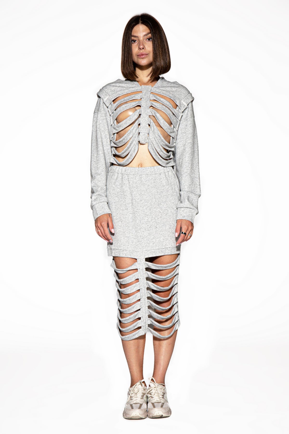 Shredded Cutout Hoodie & Skirt Set in Heather grey