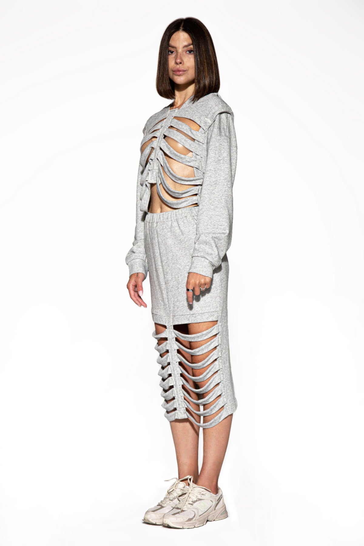 Shredded Cutout Hoodie & Skirt Set in Heather grey