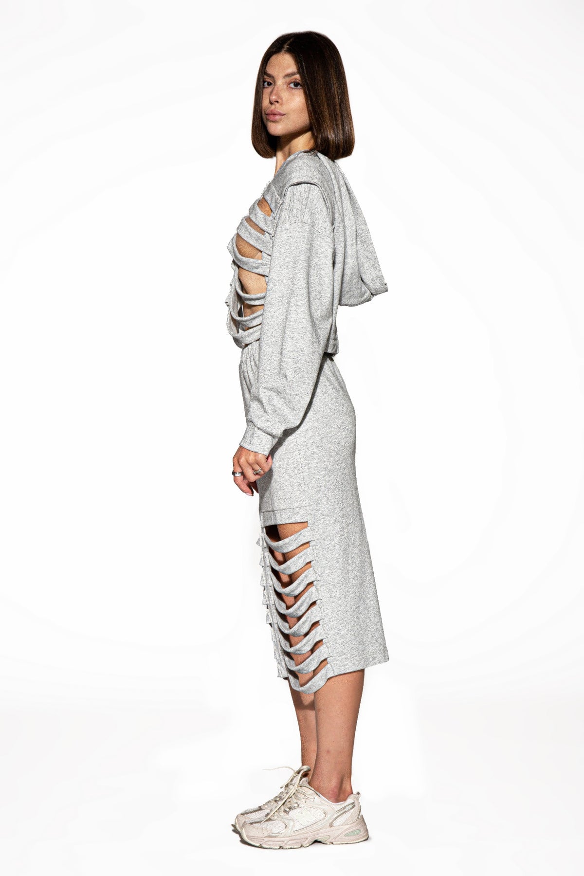 Shredded Cutout Hoodie & Skirt Set in Heather grey