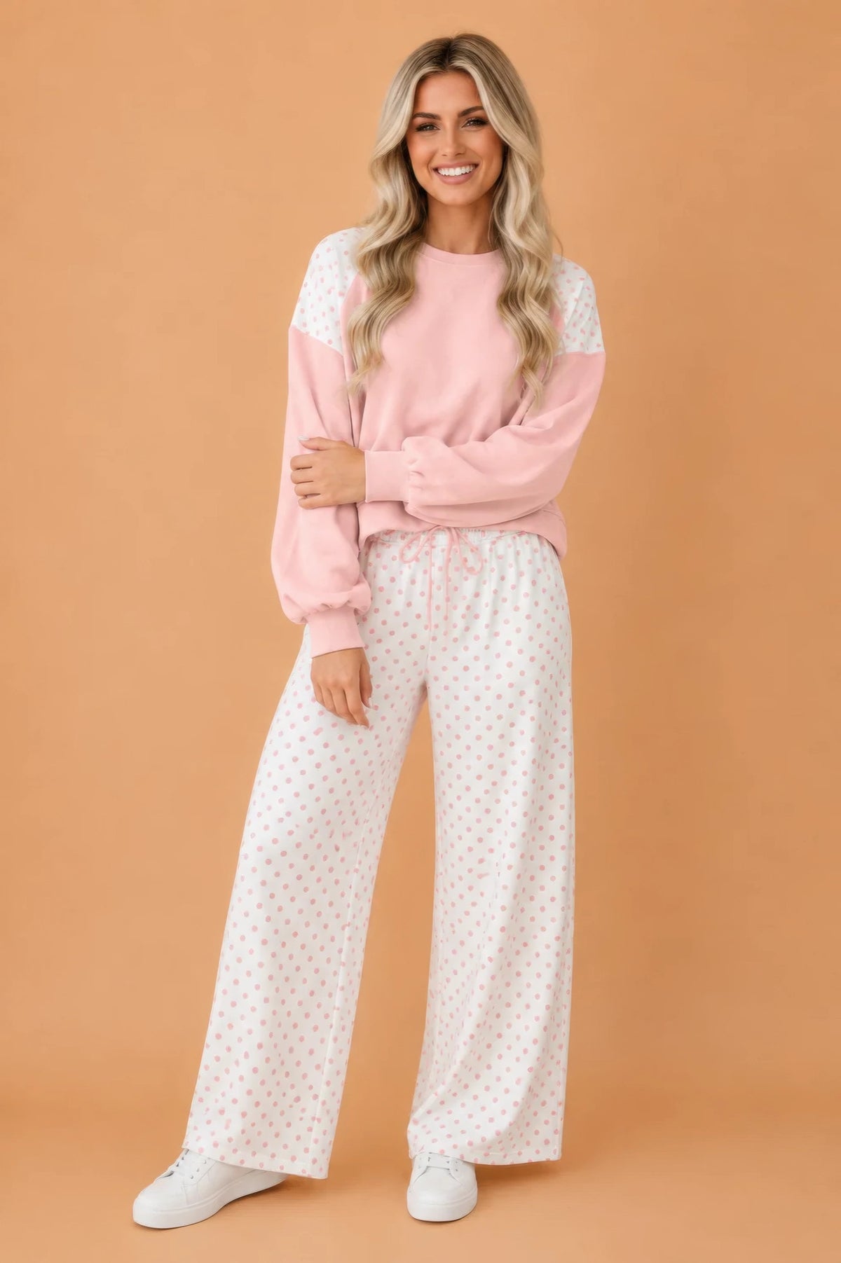 Polka Dot Patchwork Crop Sweatshirt & Pants Set