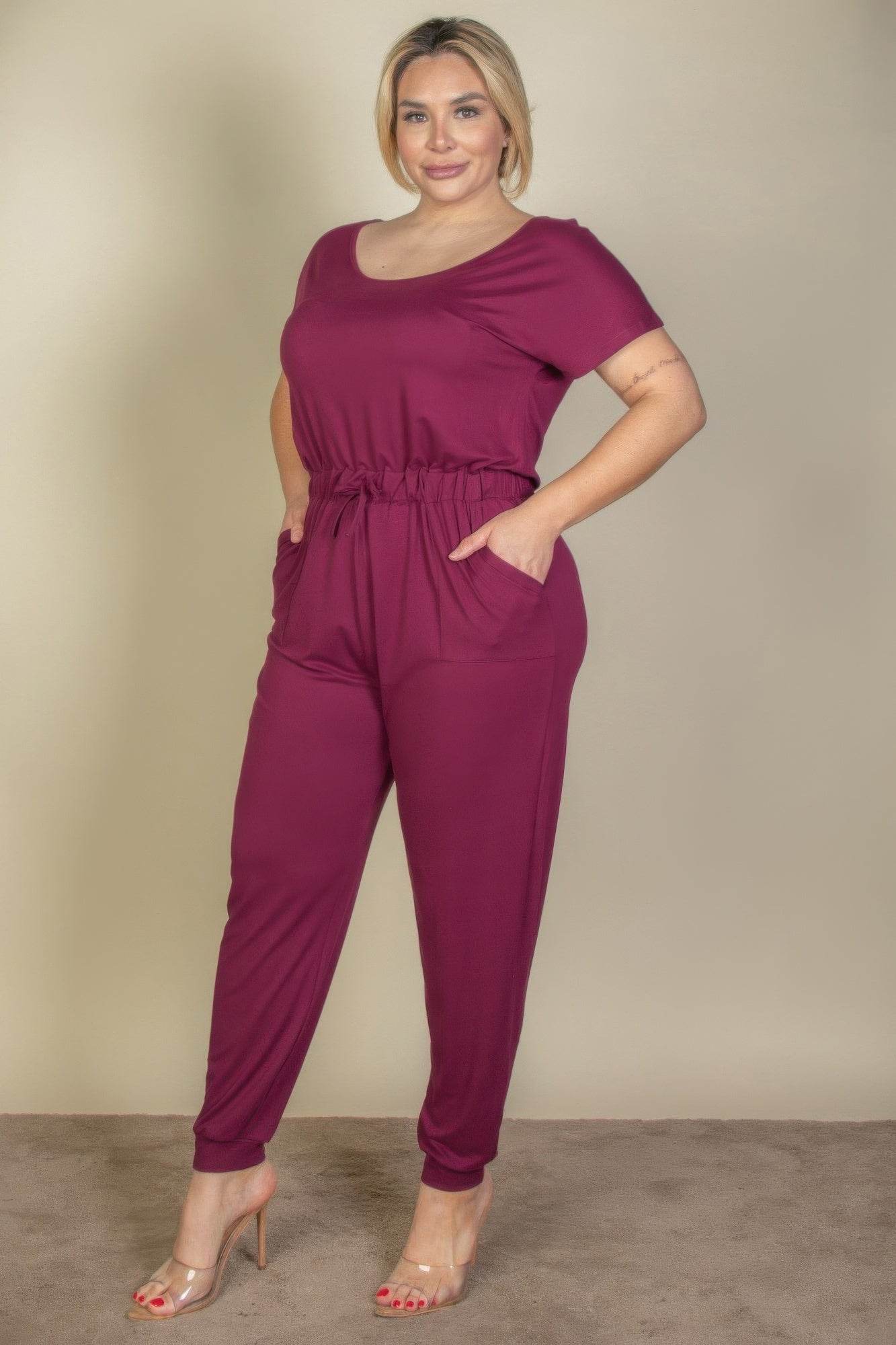 Plus Size Solid Drawstring Short Sleeve Jumpsuit - DaTrendStore.Com