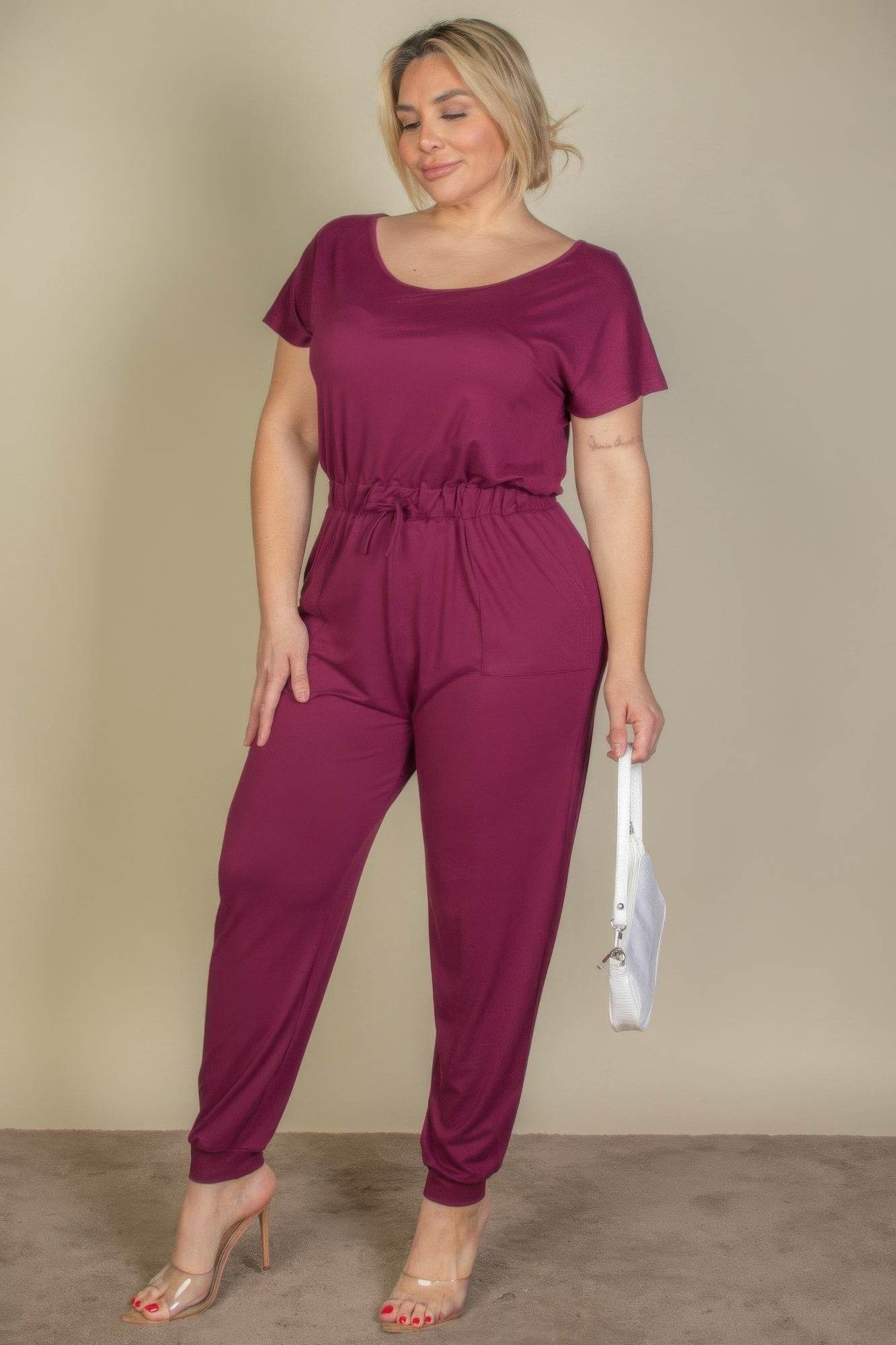 Plus Size Solid Drawstring Short Sleeve Jumpsuit - DaTrendStore.Com