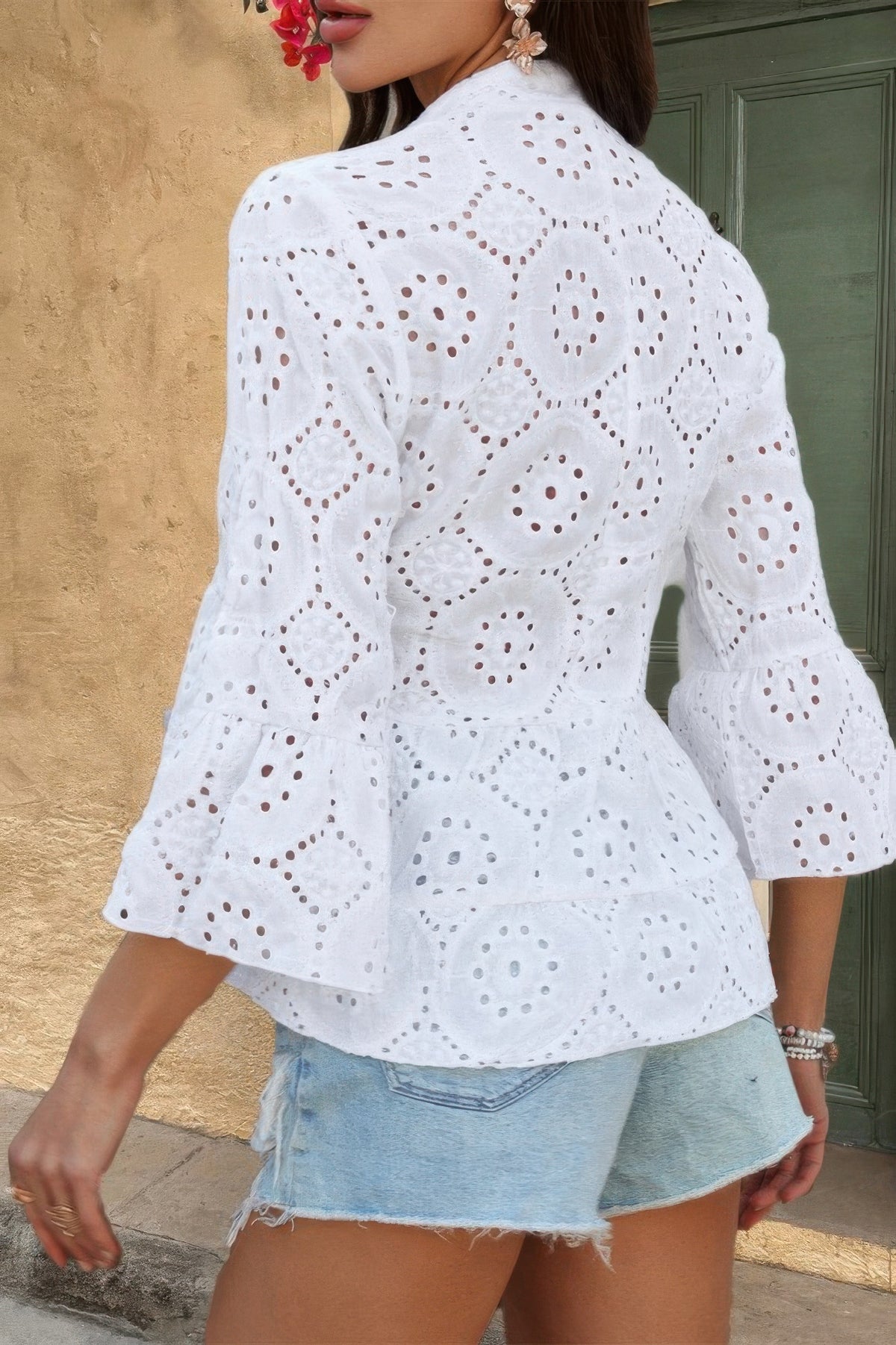 Solid Half Button Flounce Sleeve Peplum Blouse
