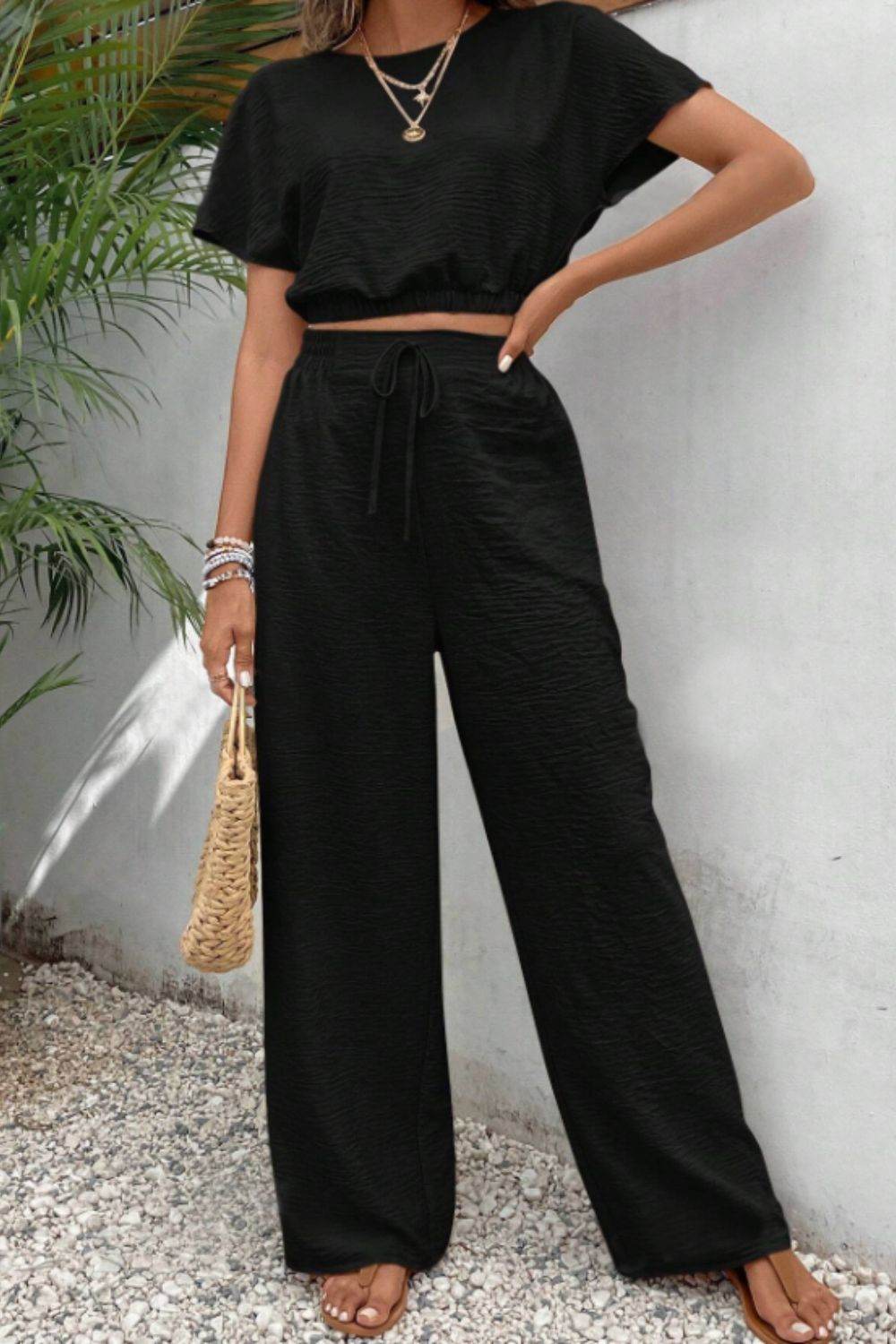 Round Neck Short Sleeve Top and Pants Set - DaTrendStore.Com