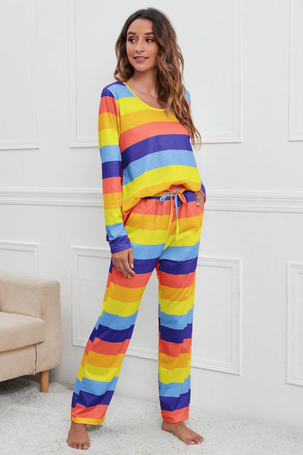 Striped Round Neck Long Sleeve Top and Drawstring Pants Lounge Set - DaTrendStore.Com
