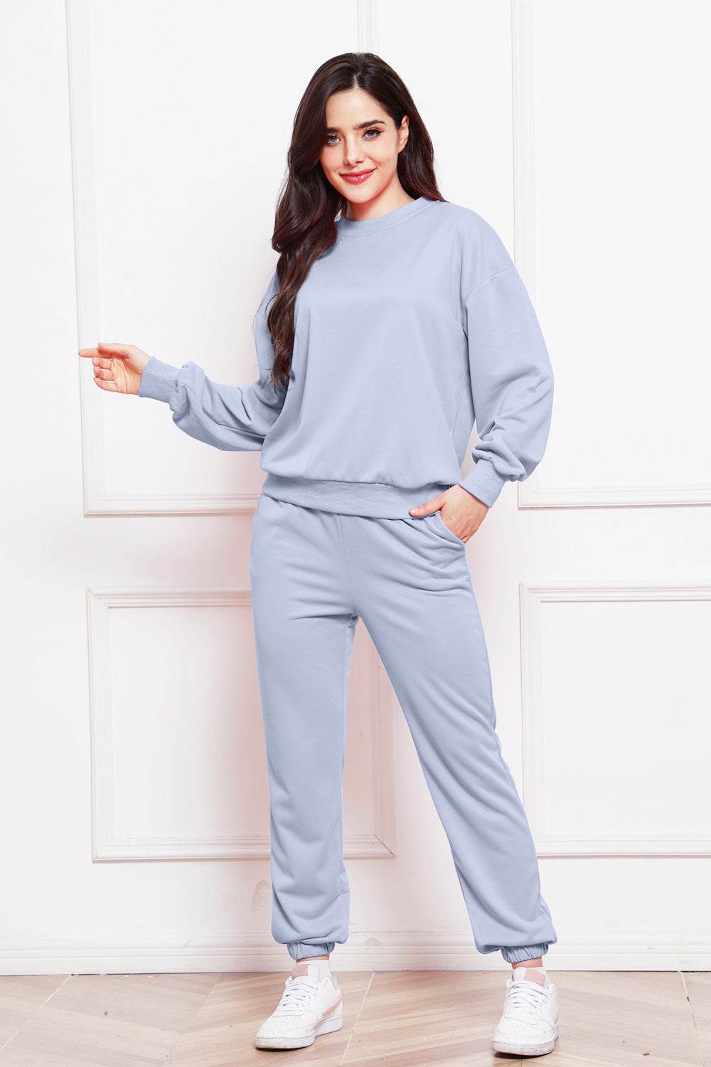 Round Neck Long Sleeve Sweatshirt and Pants Set - DaTrendStore.Com